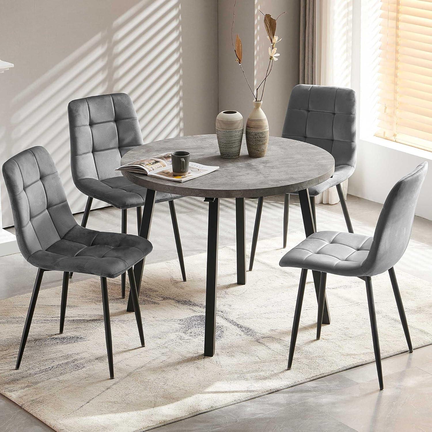 HAOYUN 4-Person Round Dining Table Set for Small Spaces, Industrial Style 37.4 Dia Grey Engineered Wood Kitchen Table with PU Dining Side Chairs, Dark Grey