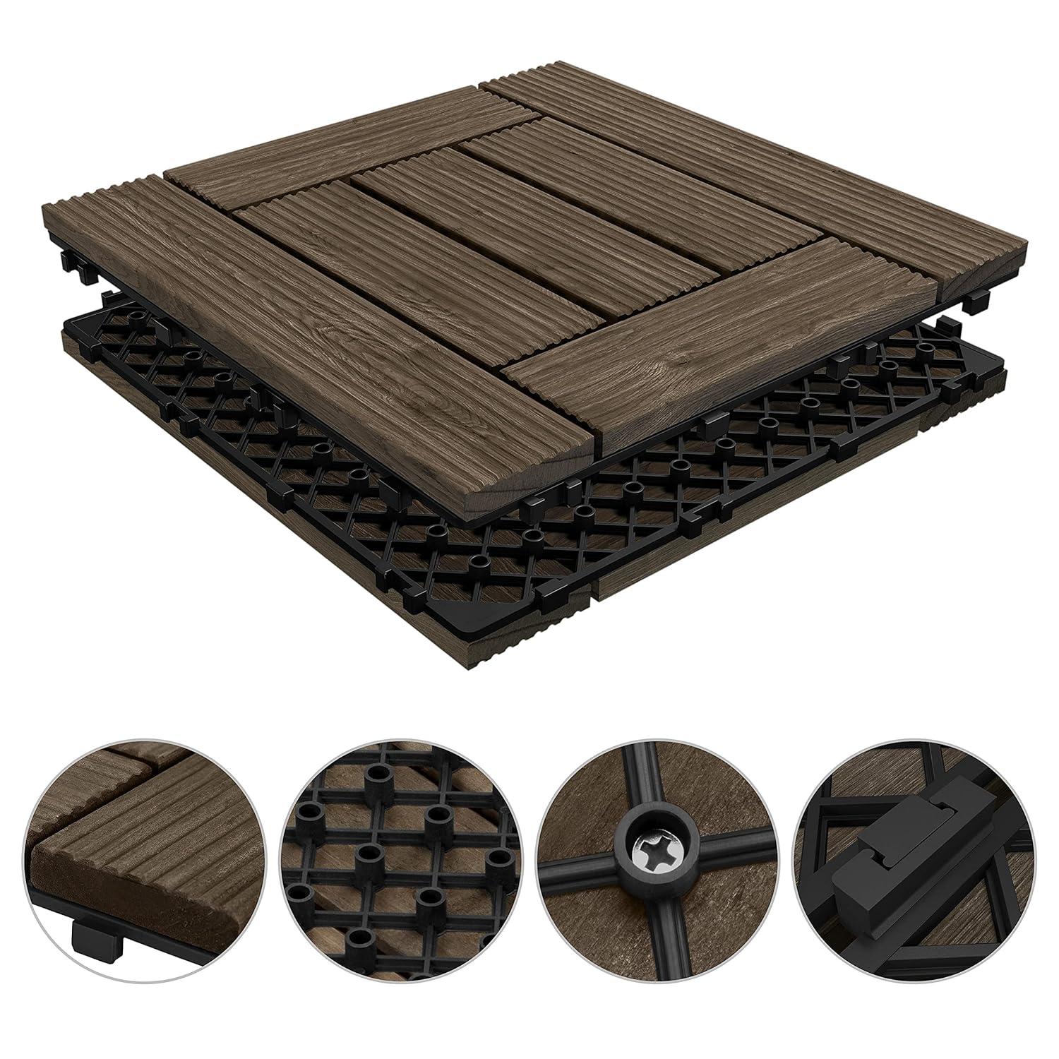 Topeakmart 27PCS Patio Deck Tiles Interlocking Wood Decking Floor Tiles 12 x 12in Black for Outdoor & Indoor Patio Garden Deck Poolside