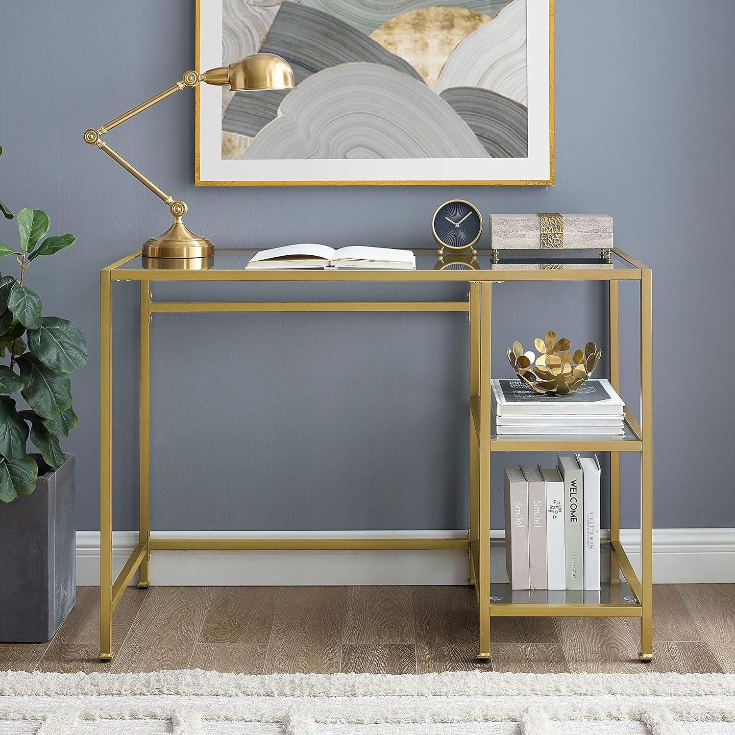 Sleek Gold-Frame 46" Glass-Top Modern Desk/Vanity