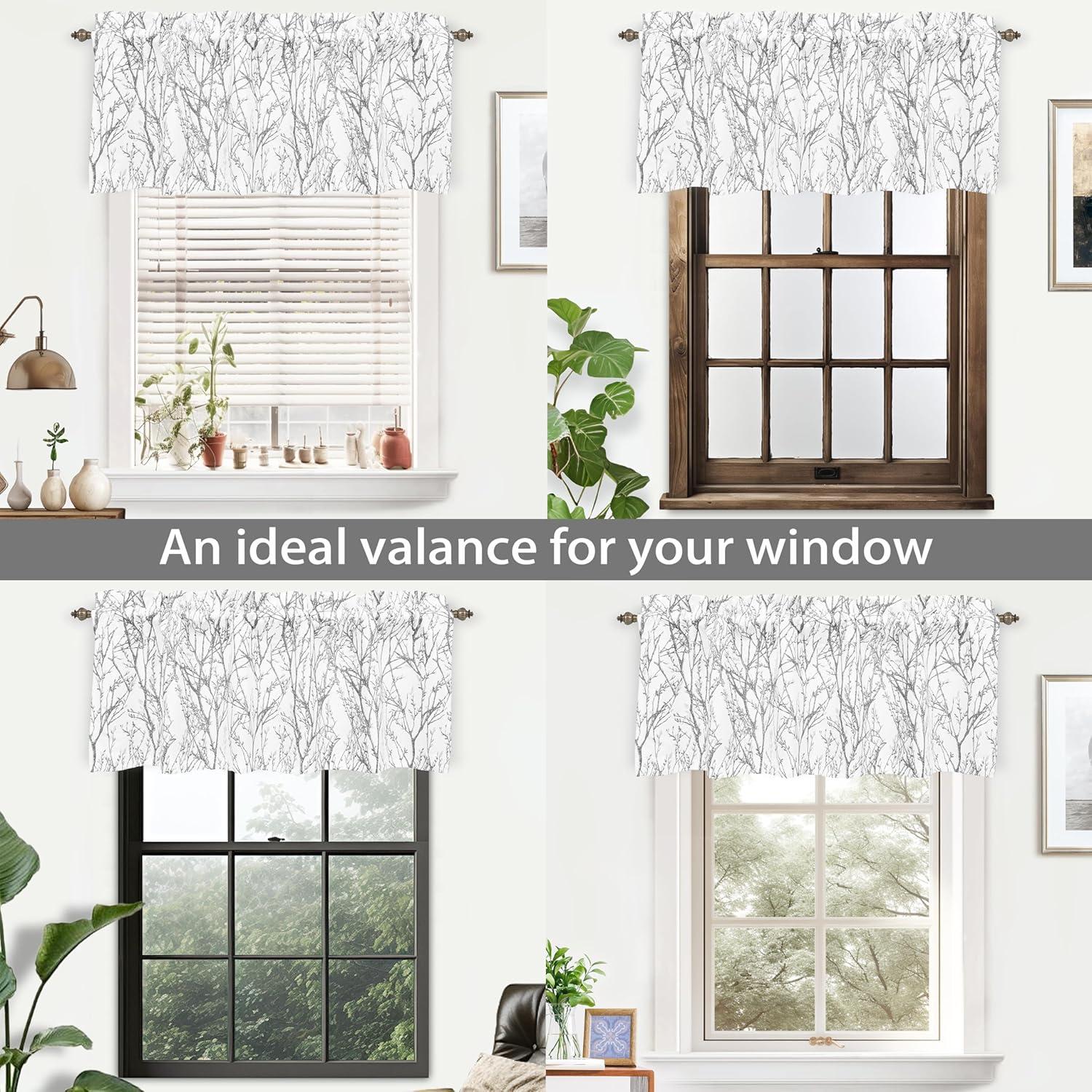 DriftAway Tree Branch Botanic Pattern Lined Window Curtain Valance,52" x 18"+2" header (Gray)