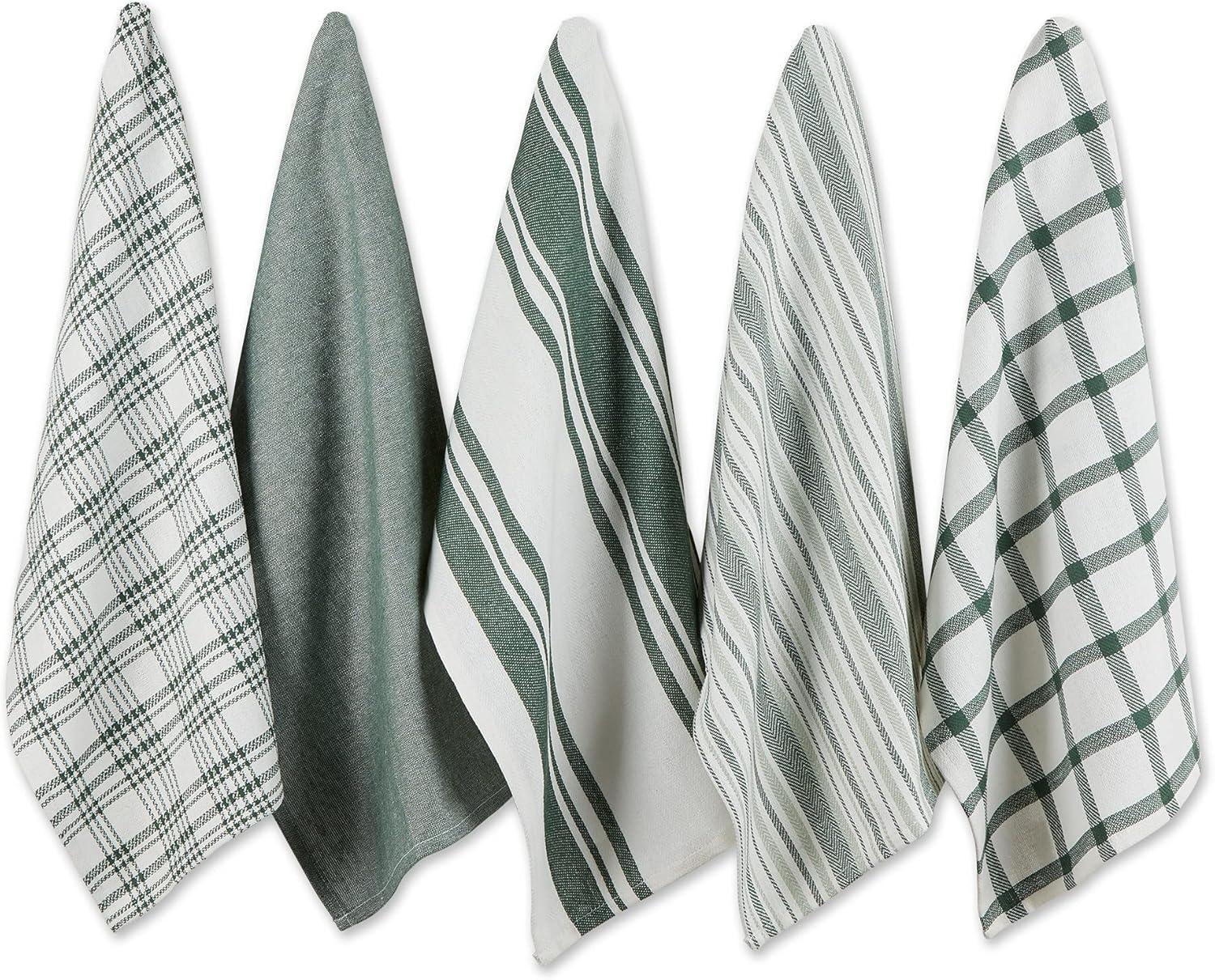 Dark Green and White Woven Cotton Dishtowel Set, 18x28, 5 Piece