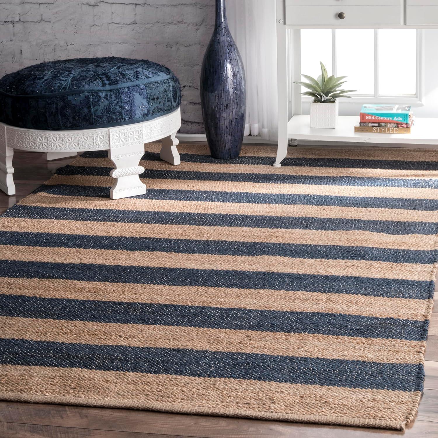 Nuloom Alisia Striped 5x8 Jute Indoor Area Rug for Dining Room Rug Neutral Rug Living Room Rug Kitchen, Denim/Tan