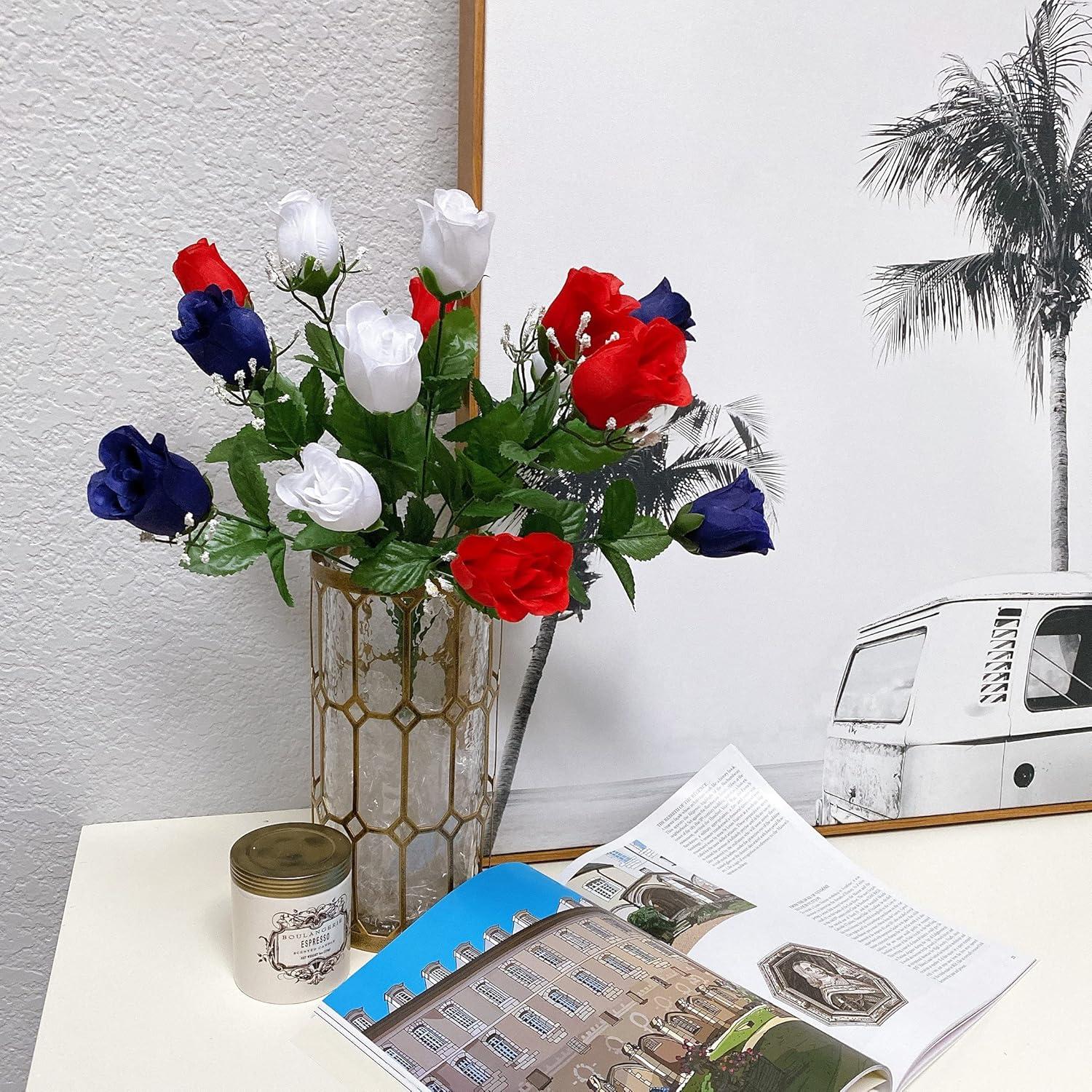 Admired By Nature 14 Stems of Blossoms Rose Flower Bush, Red/White/Blue