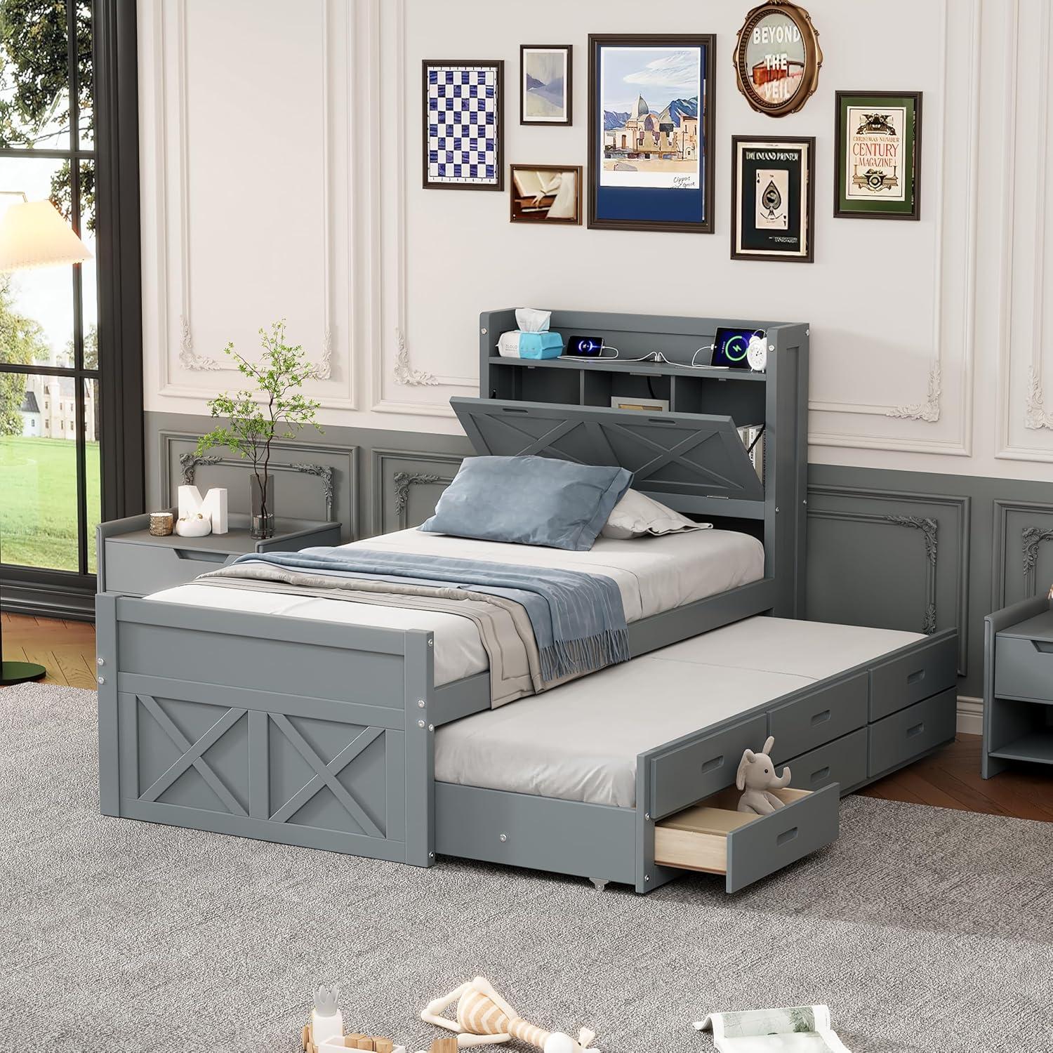 Gray Twin Wood Bed with Storage Drawers and Trundle