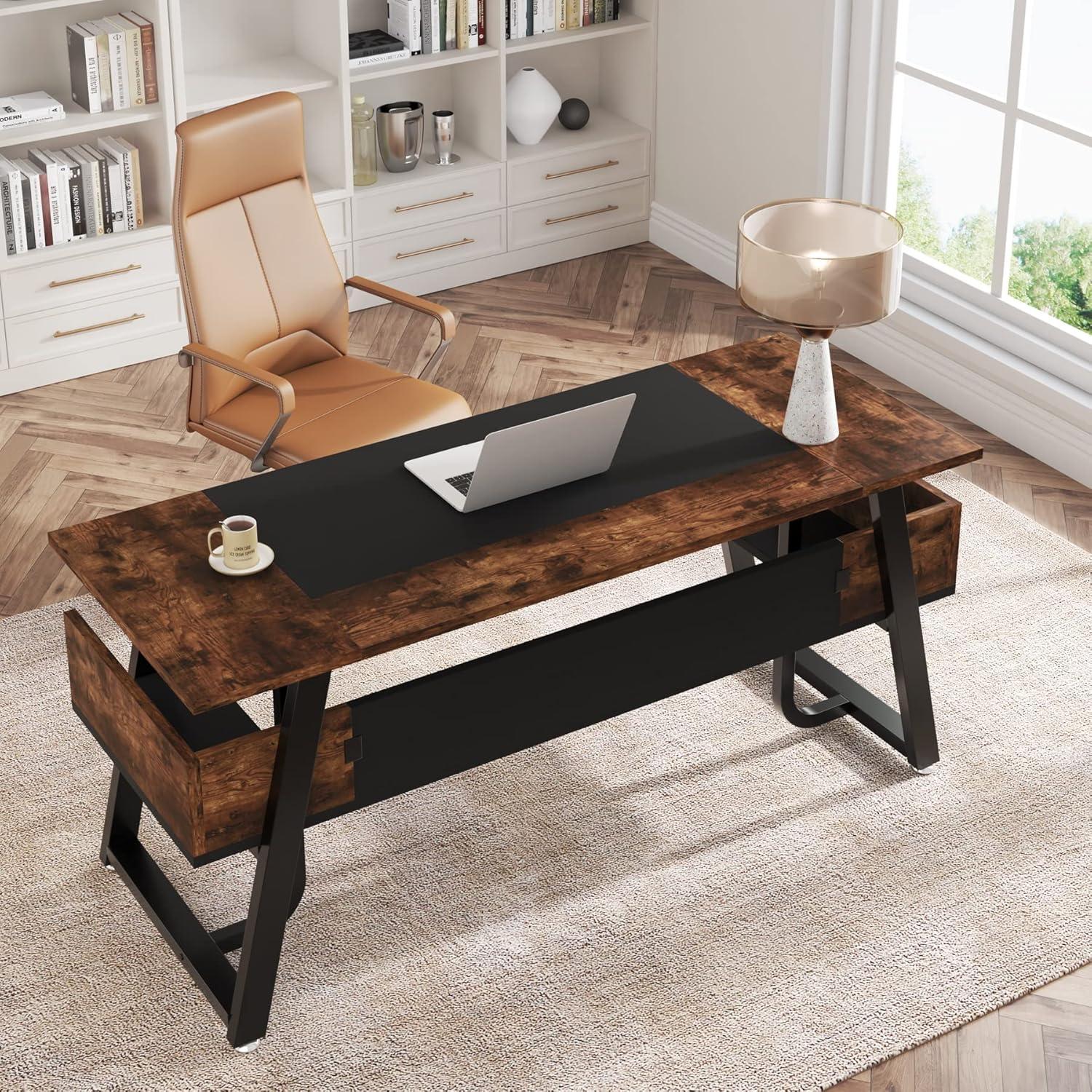 63" Black and Brown Wood Modern Office Desk with Storage Shelf