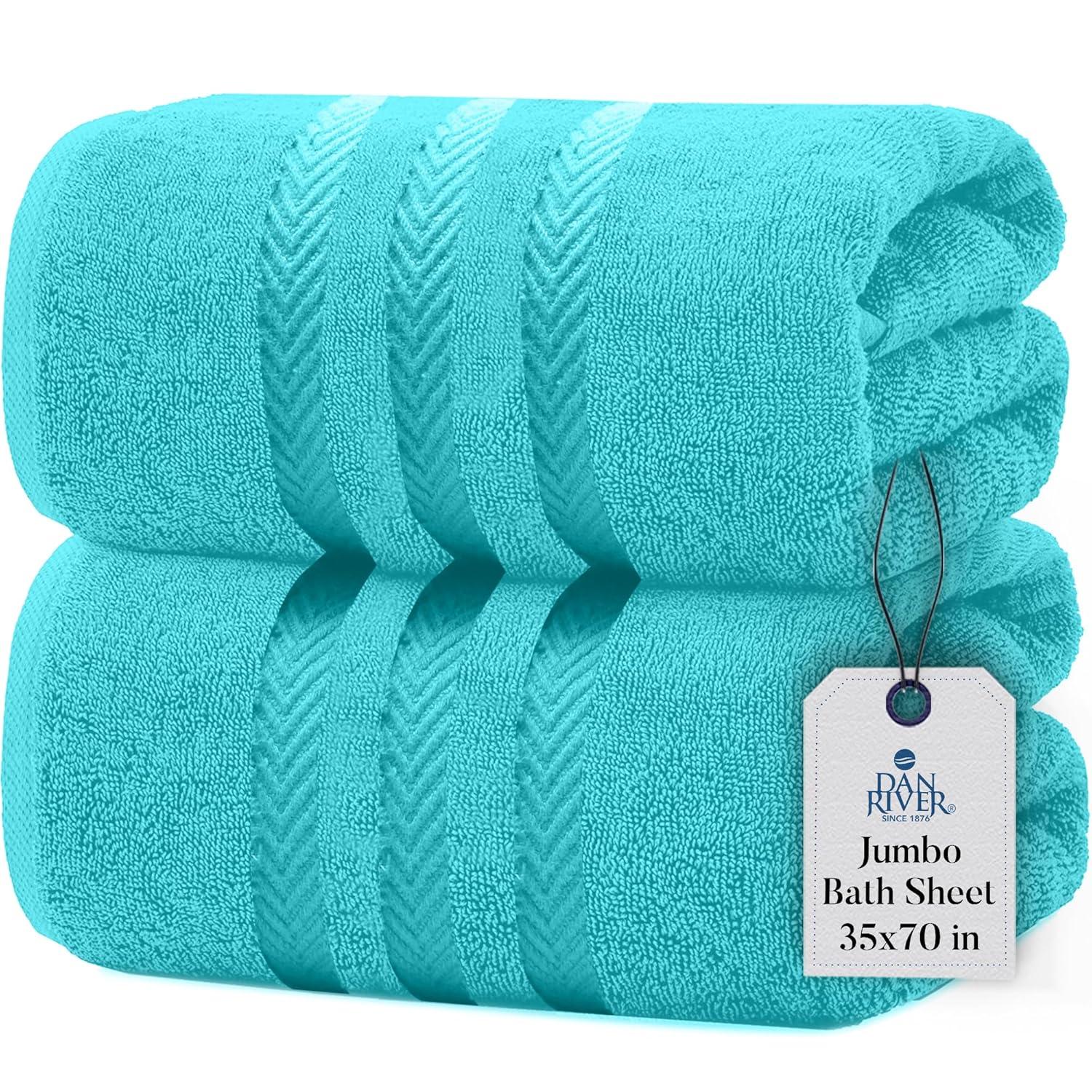 White Classic Luxury 100% Huge Cotton Bath Sheets Set of 2 - 35x70" Aqua