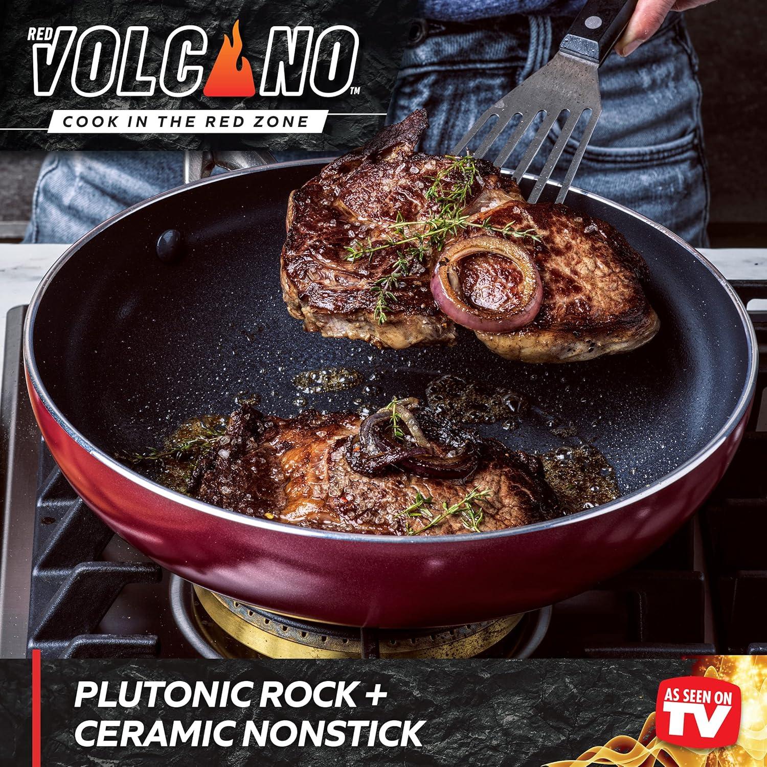 Red Ceramic Nonstick Aluminum Fry Pan with Glass Lid, 11"