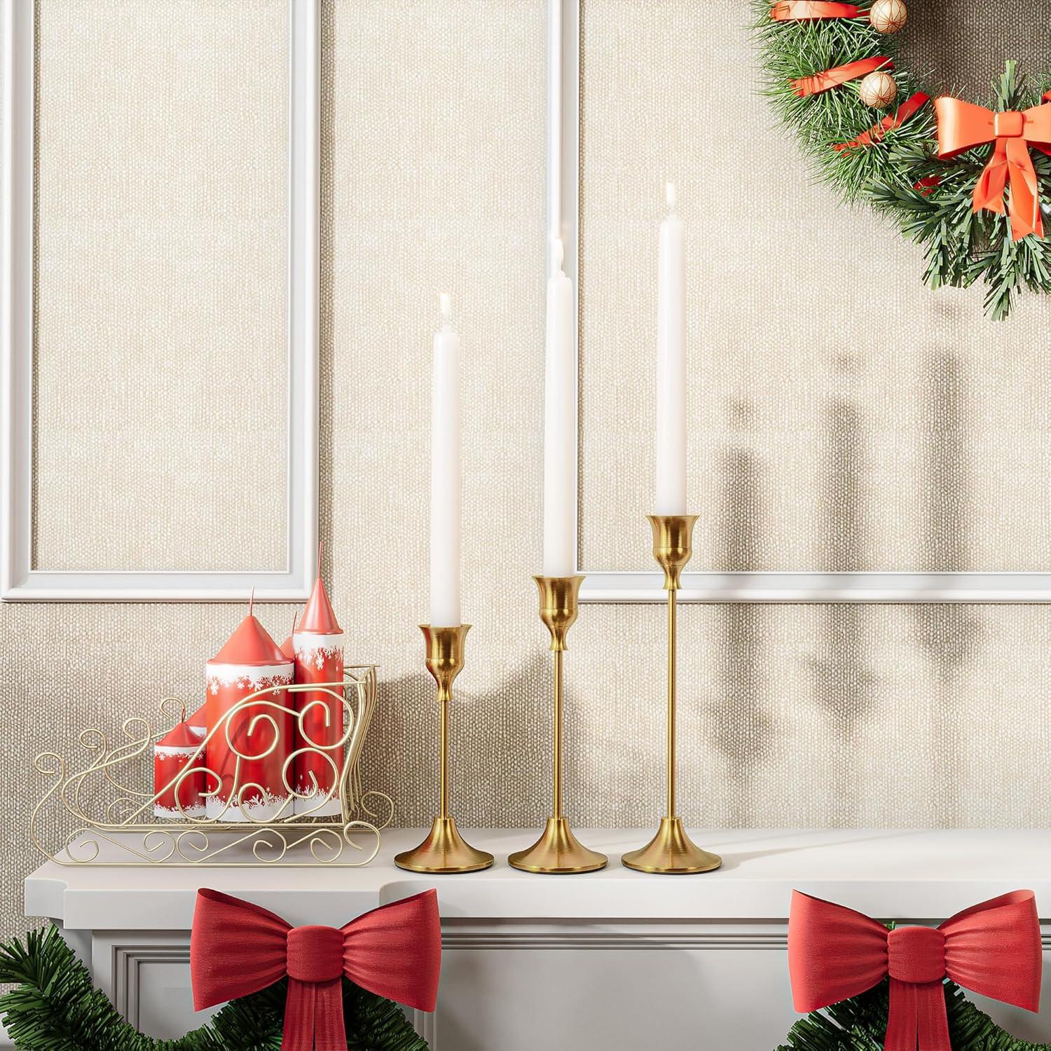 HSMQHJWE Christmas Decorations Set Of 3 Brass Gold Taper Candle Holders Bulk Vintage Candlestick Decorative Metal Candle Home Decor White outdoor christmas decorations yard