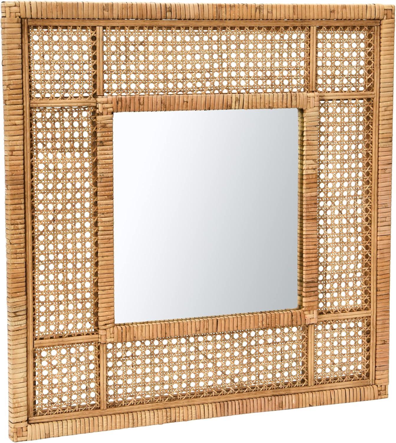 Boho Chic 26" Natural Rattan and Wood Square Wall Mirror