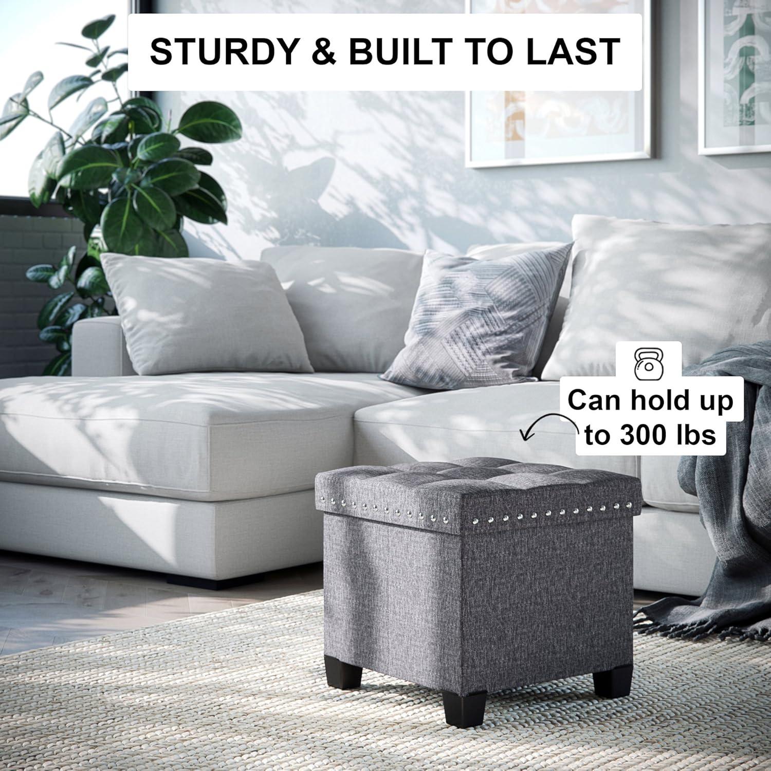 Payton Gray Fabric Tufted Cube Storage Ottoman with Nailhead Accents