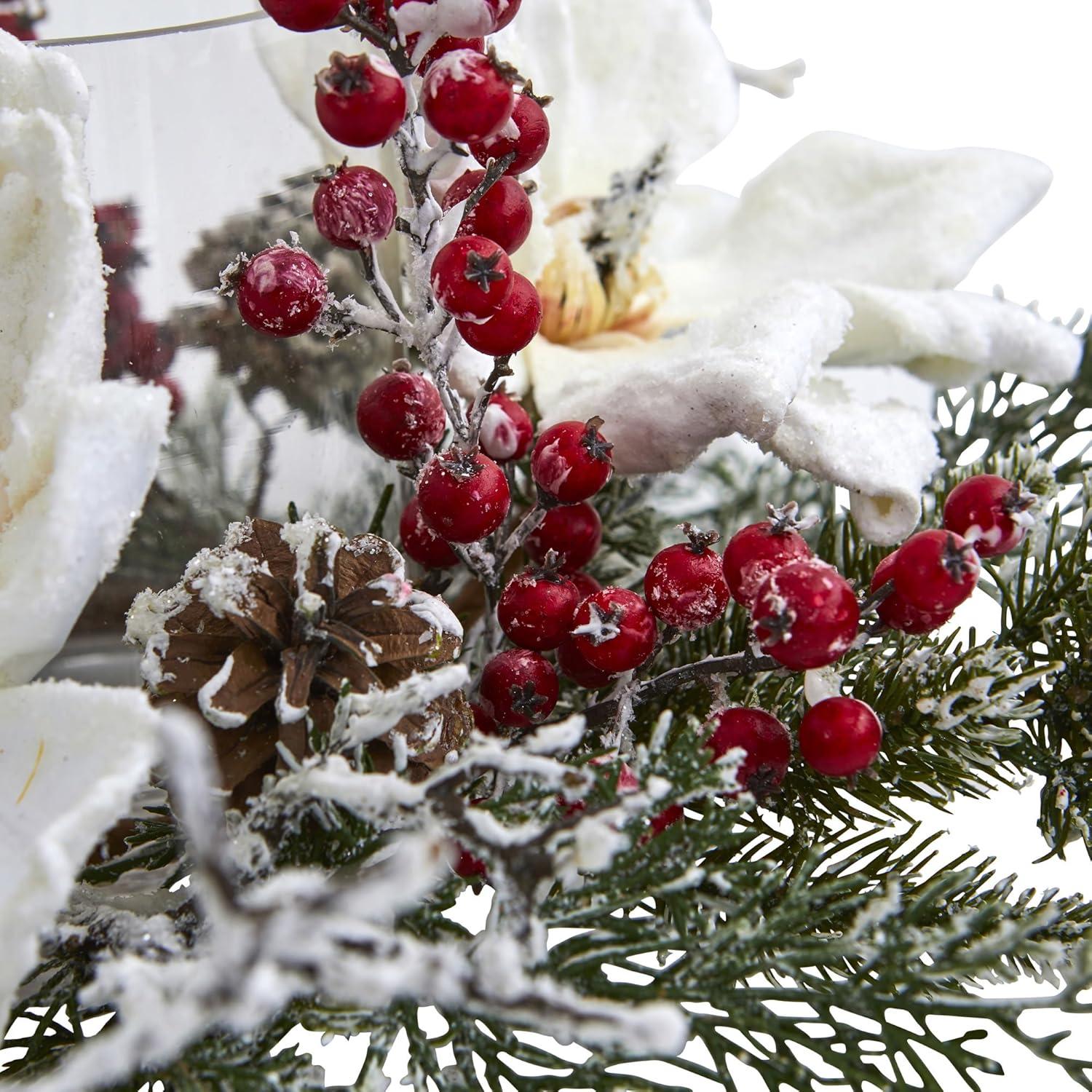 6.5" x 17" Artificial Frosted Magnolia and Berry Plant Arrangement Candelabrum - Nearly Natural: Christmas Decor Centerpiece