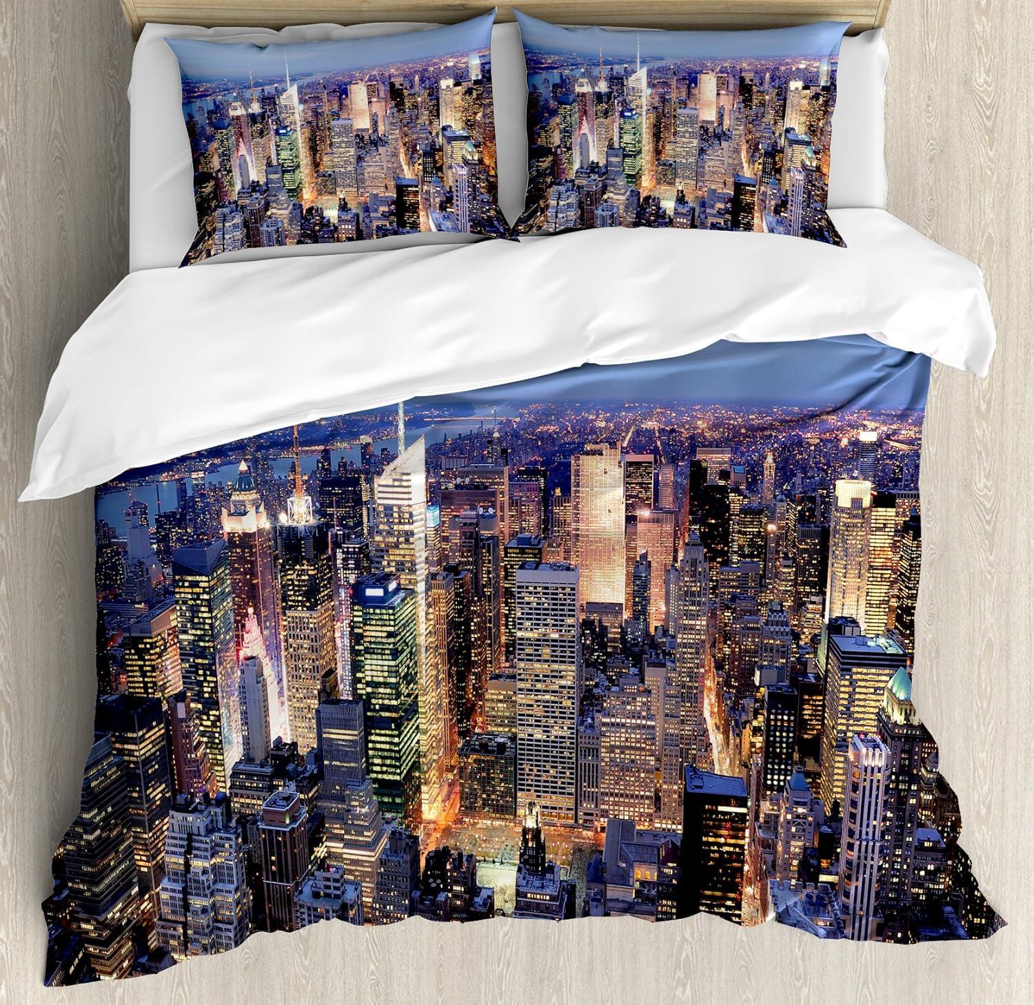 New York Queen Size Duvet Cover Set, Aerial View of NYC Full of Skyscrapers Manhattan Times Square Famous Cityscape Panorama, Decorative 3 Piece Bedding Set with 2 Pillow Shams, Blue, by Ambesonne