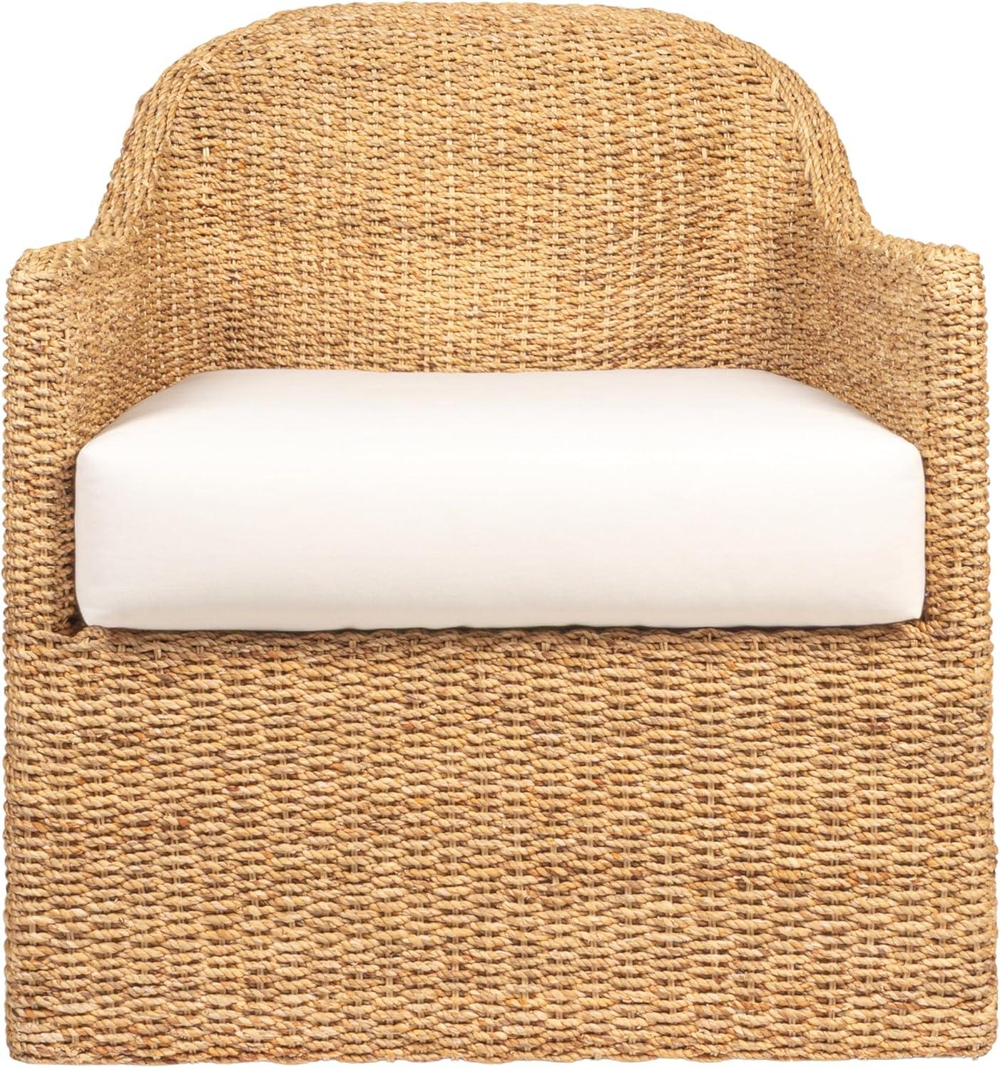 Natural and Cream Woven Water Hyacinth and Acacia Wood Outdoor Lounge Chair with White Cushion