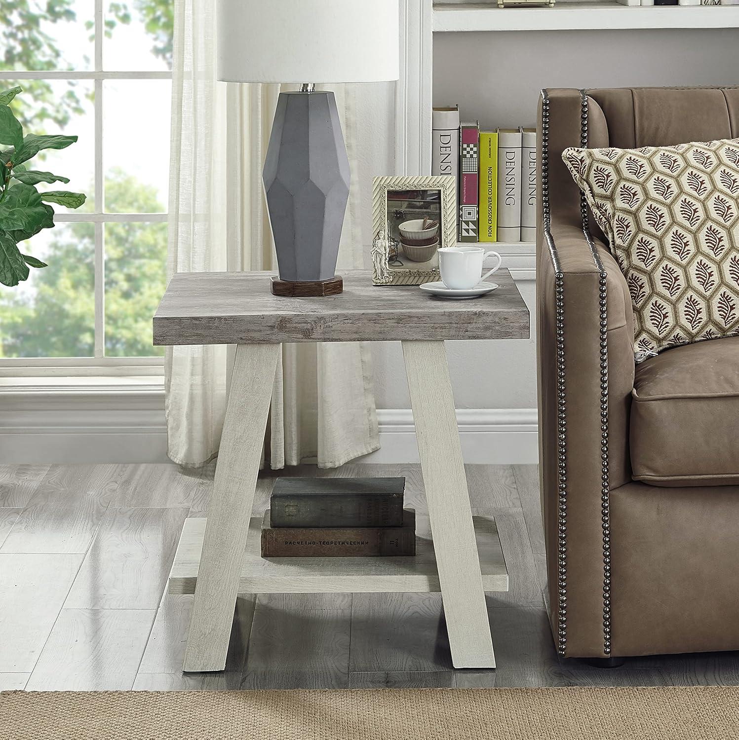 Roundhill Furniture Athens Contemporary Two-Tone Wood Shelf End Table in Weathered Gray and Beige