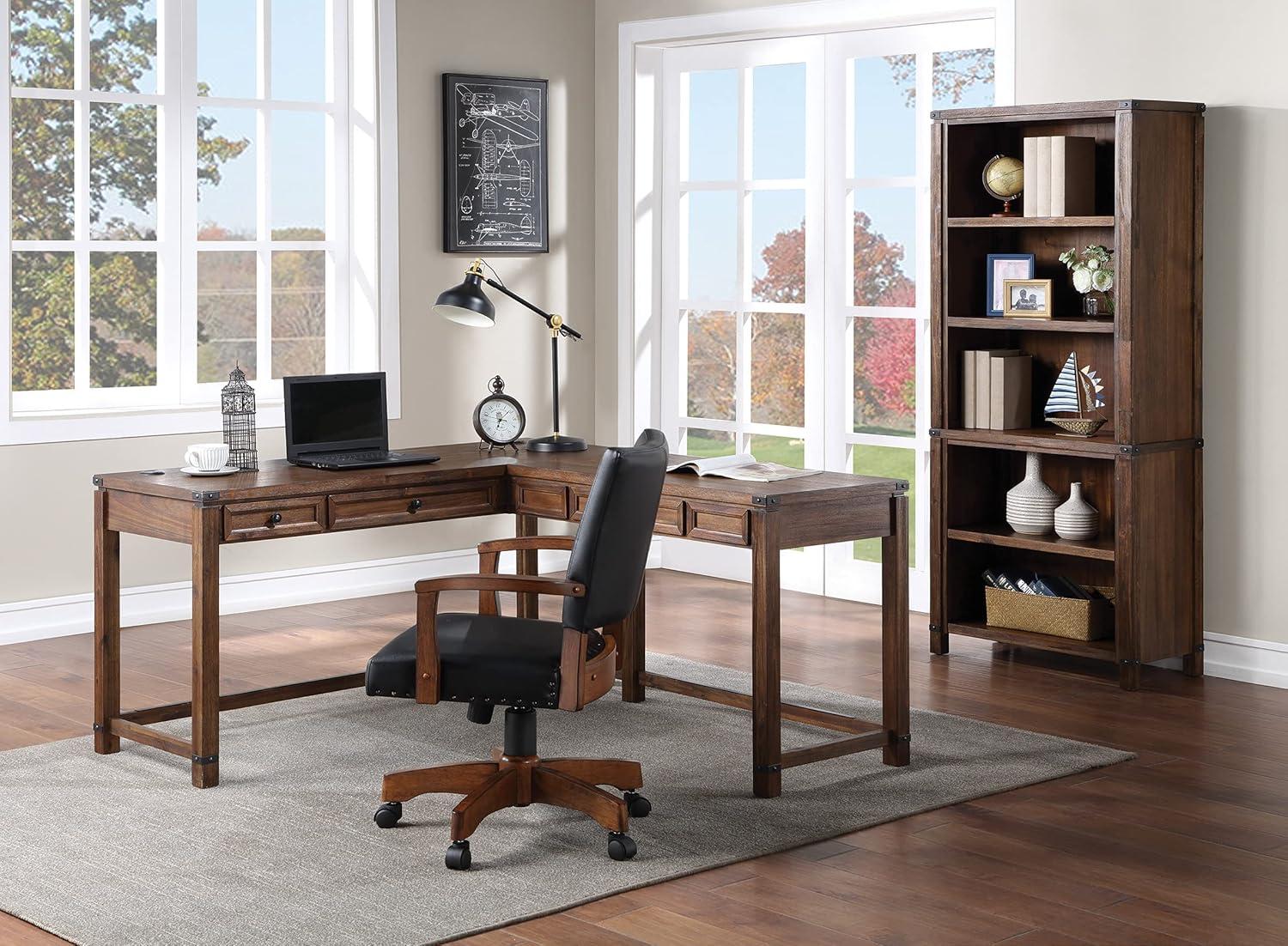 Brushed Walnut L-Shaped Computer Desk with Power-Port Drawer