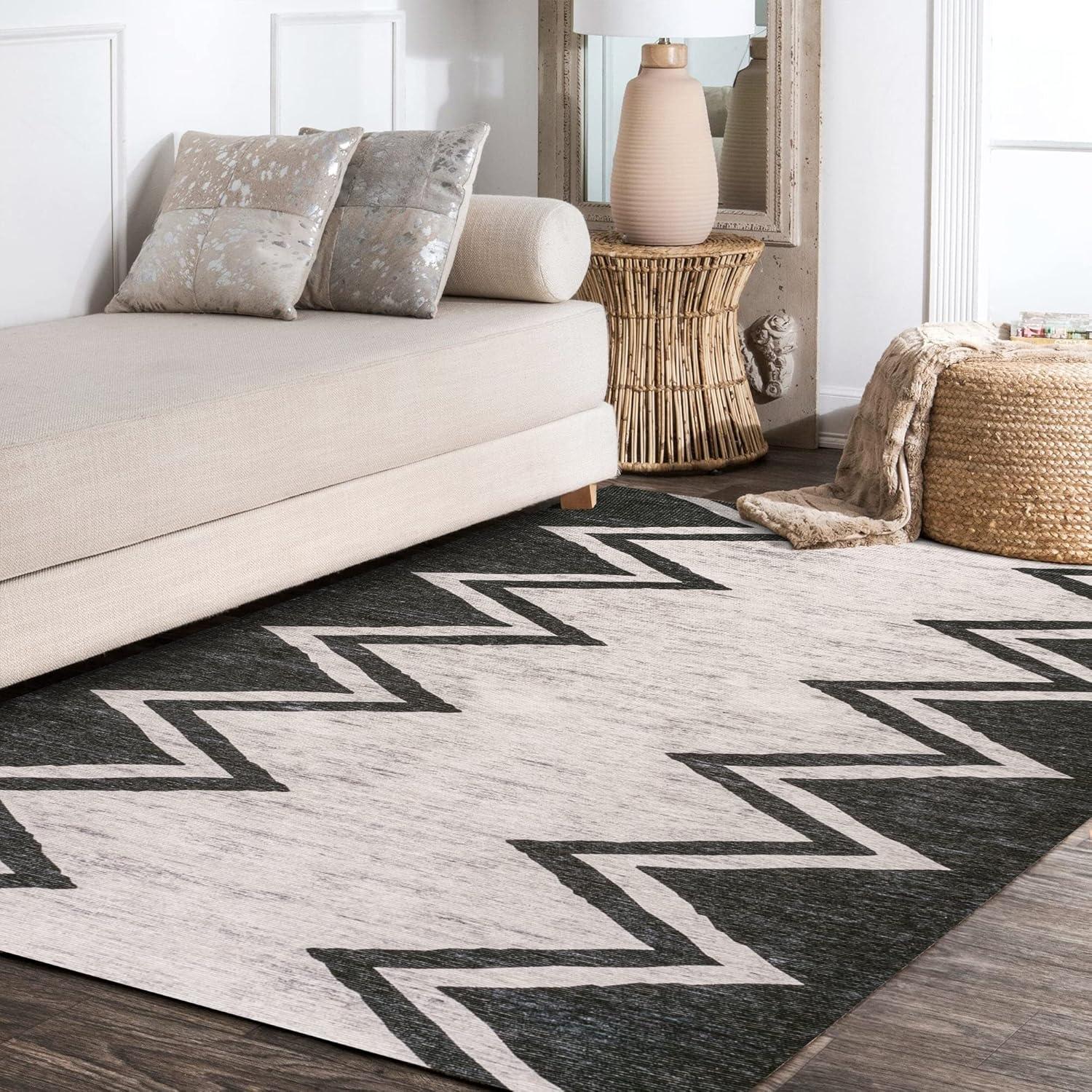 3' x 5' Siksak Modern Chevron Border Machine-Washable Area Rug, Ivory/Black - JONATHAN Y