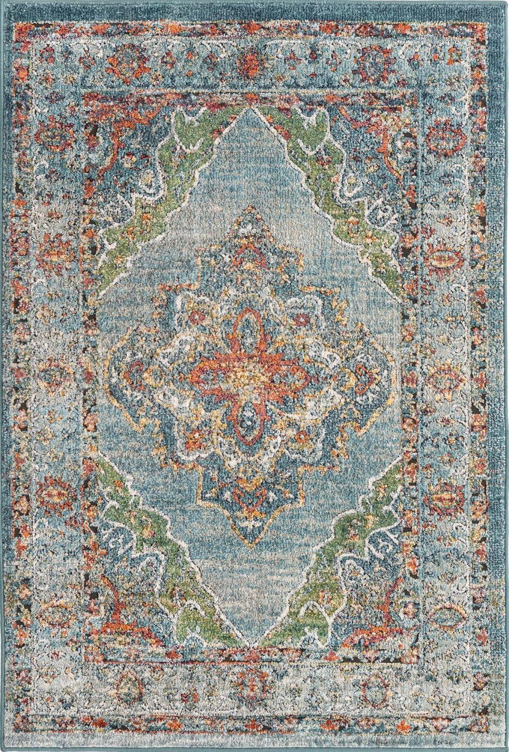 Isabella 4' x 6' Blue Floral Easy-Care Synthetic Area Rug