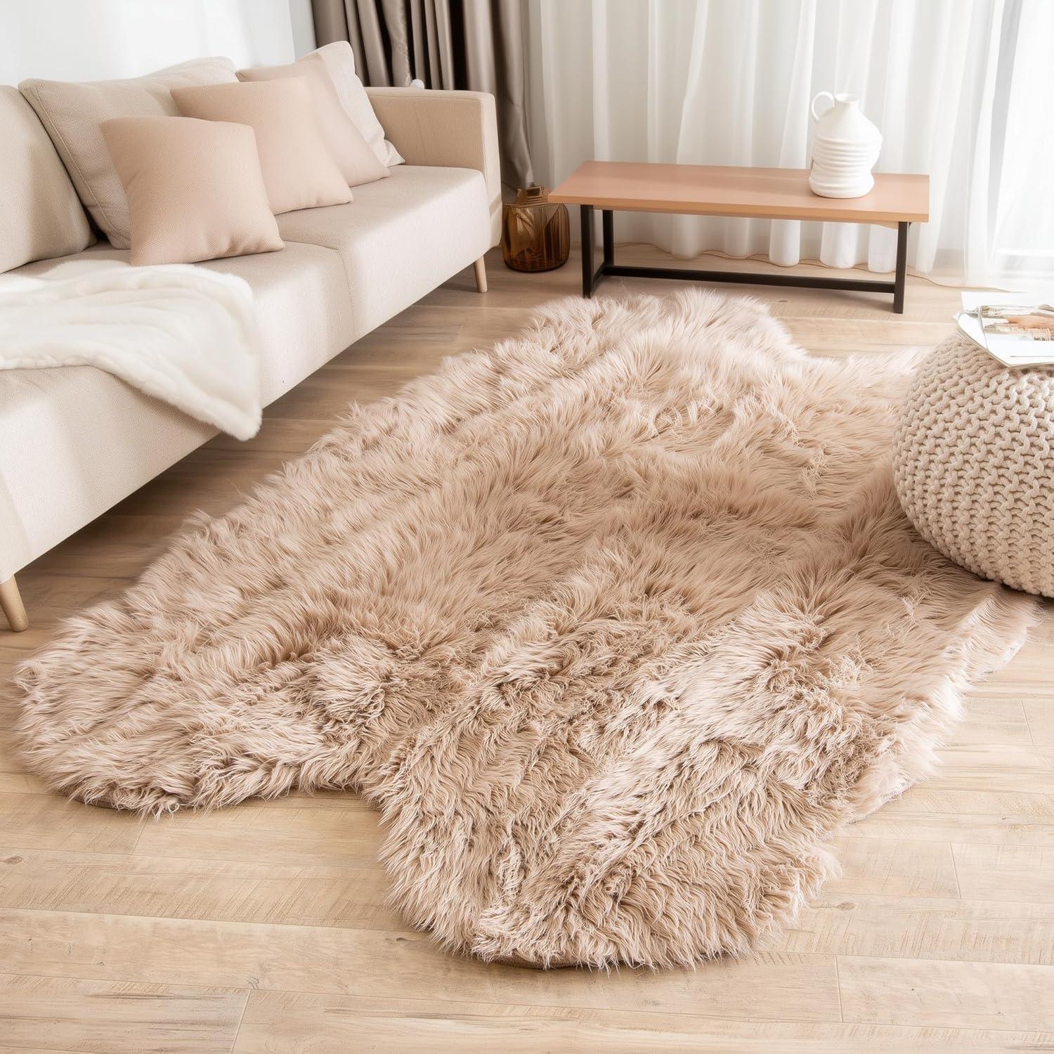 Ultra Soft Faux Sheepskin Fur Shag Rug Light Brown 4' x 6' Sheepskin
