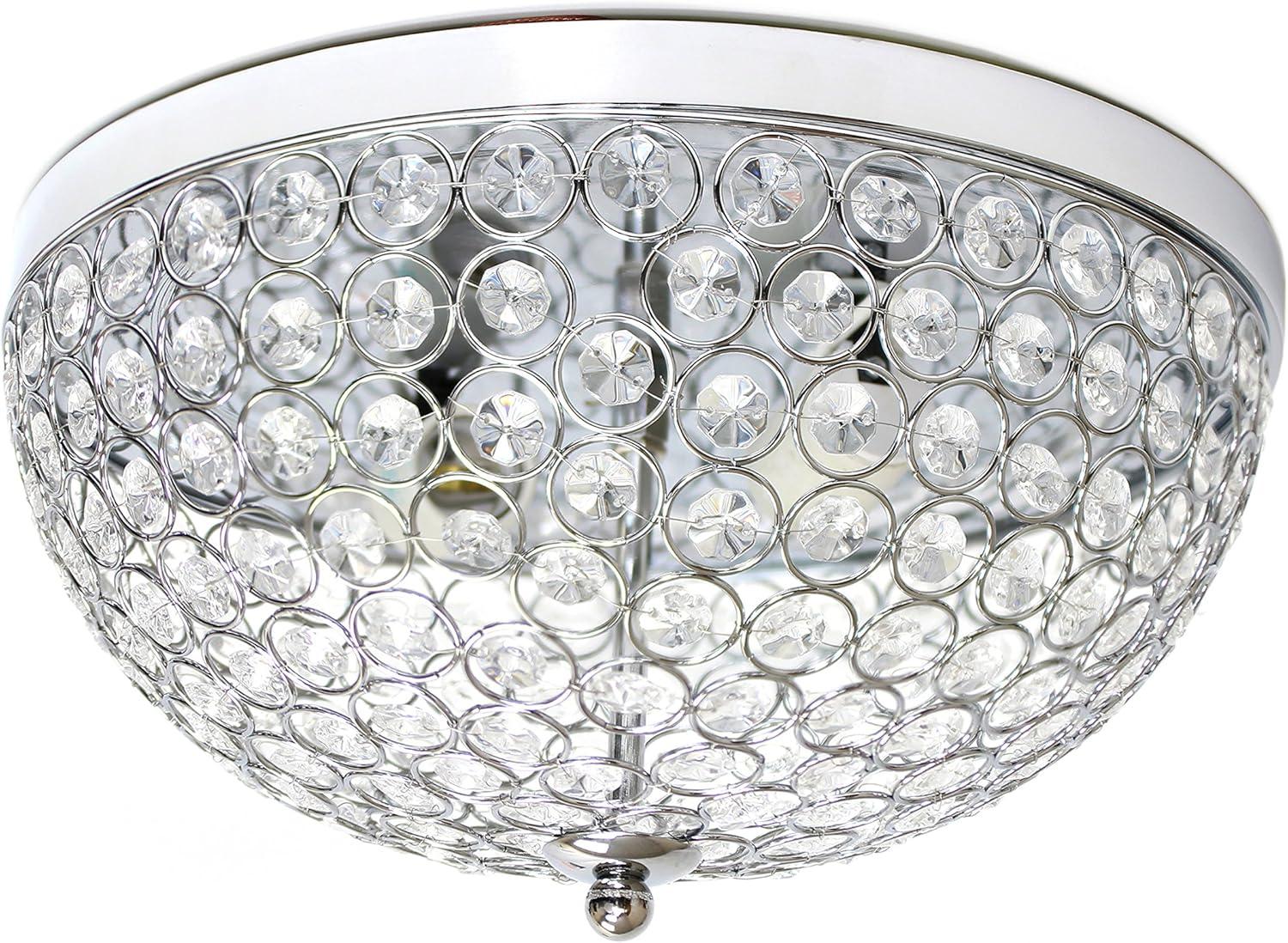 Elegant Designs Elipse Crystal 13" Modern Metal 2 Light Bowl Shaped Ceiling Flush Mount Fixture, Chrome