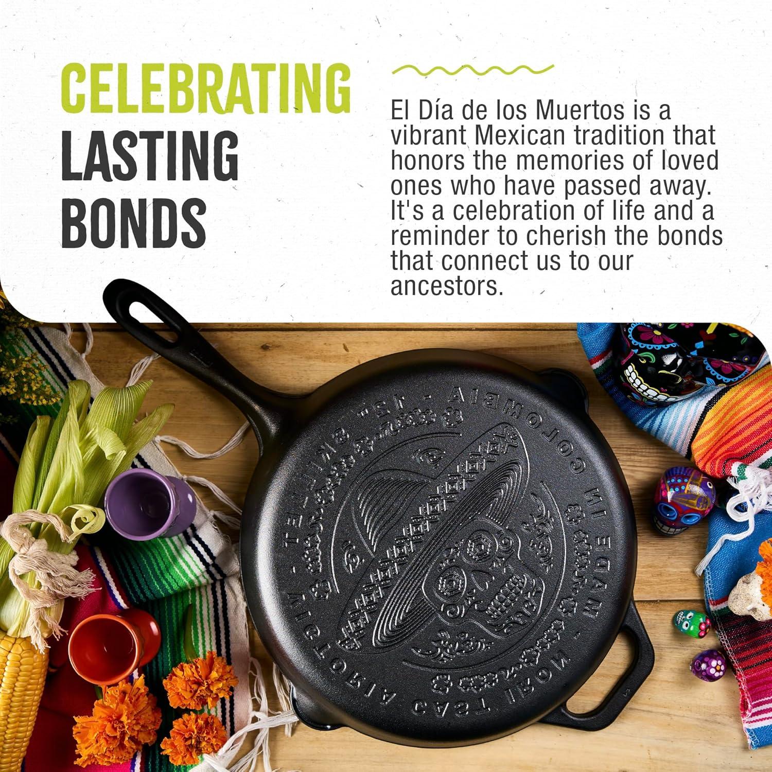 Victoria 12-Inch Day of the Dead La Calaca Cast Iron Skillet, Dia de los Muertos Seasoned Cast Iron Frying Pan with Long Handle, Made in Colombia