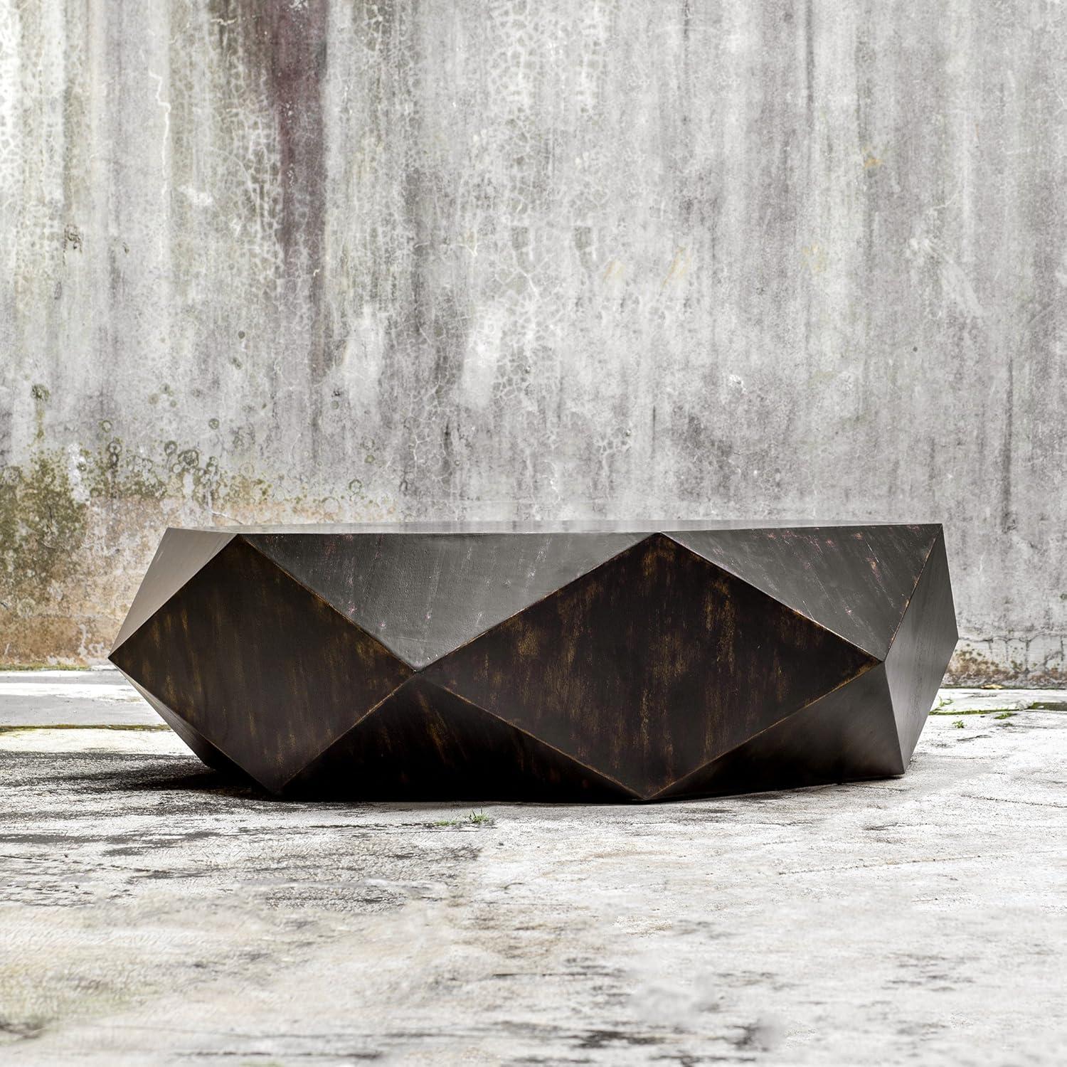 Geometric Worn Black Mango Wood Round Coffee Table