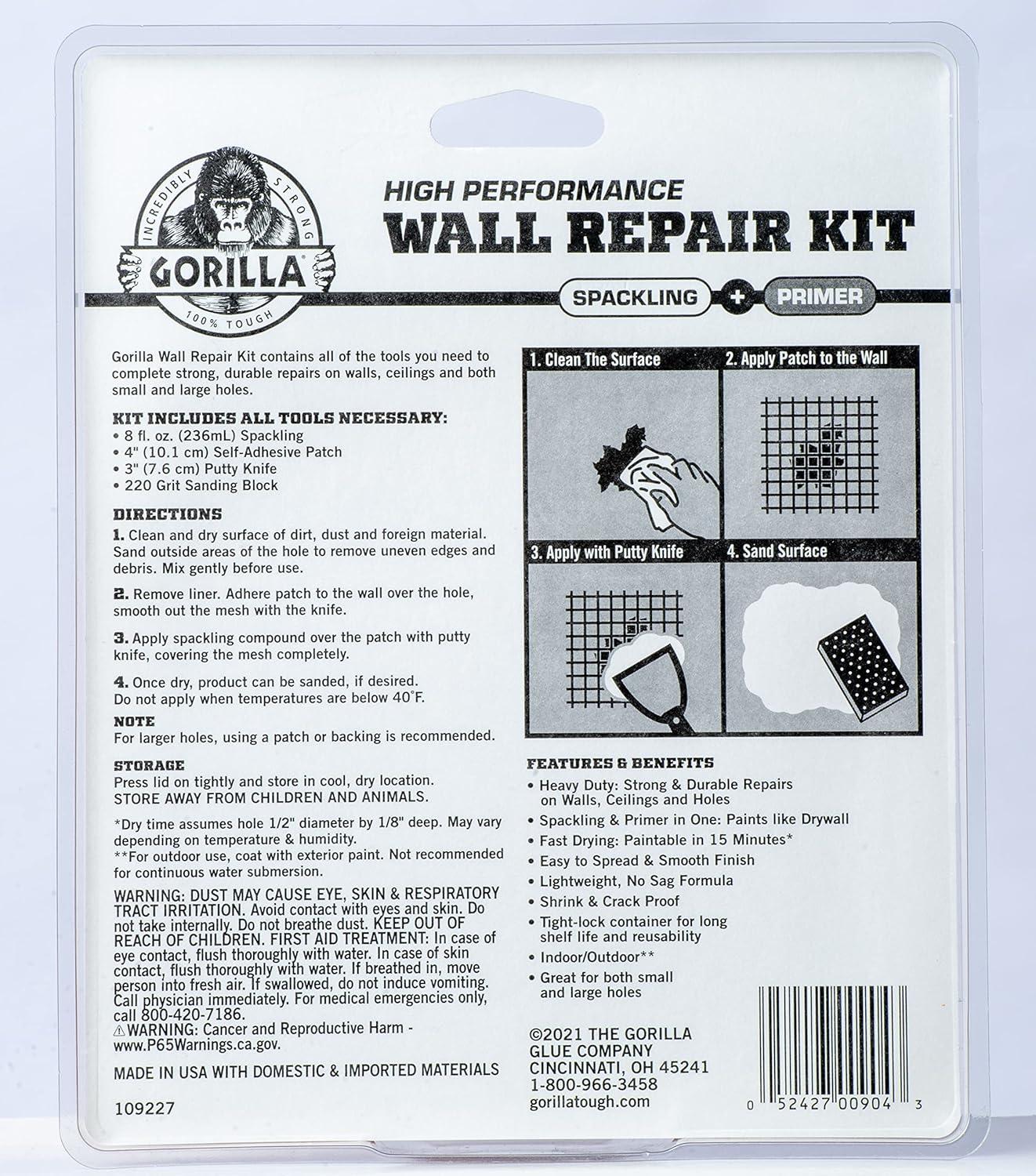 Gorilla Glue Wall Repair Kit. 4oz Spackling & Patch, 3" Putty Knife and 220 Grit Sanding Block Color
