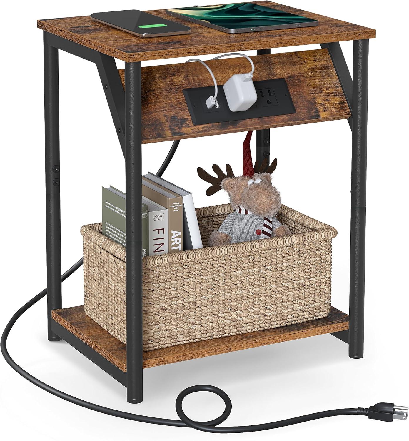 Rustic Brown and Black Metal End Table with Charging Station