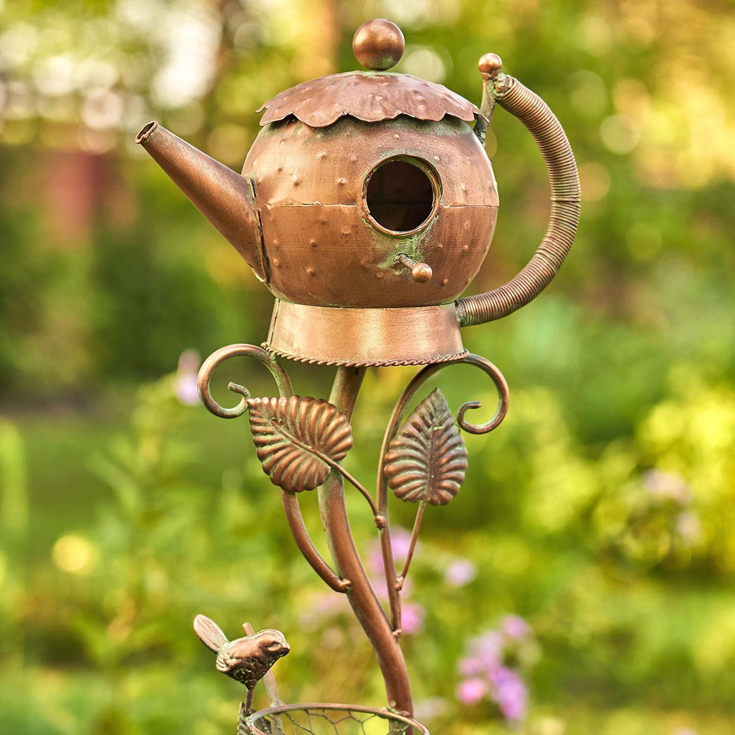 Antique Copper Teapot Birdhouse with Leaf Design Stake