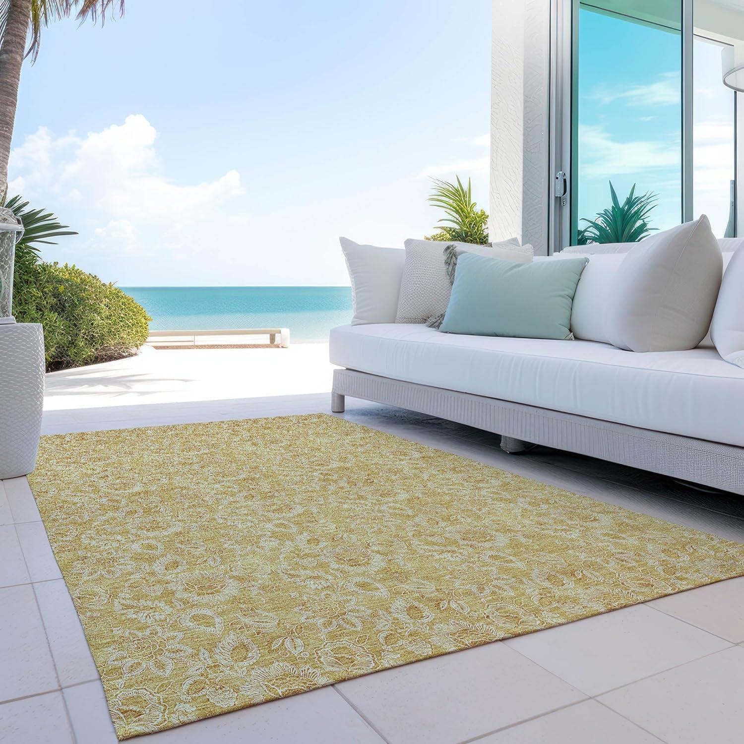 Gold Floral Pattern 8' x 10' Indoor Outdoor Area Rug