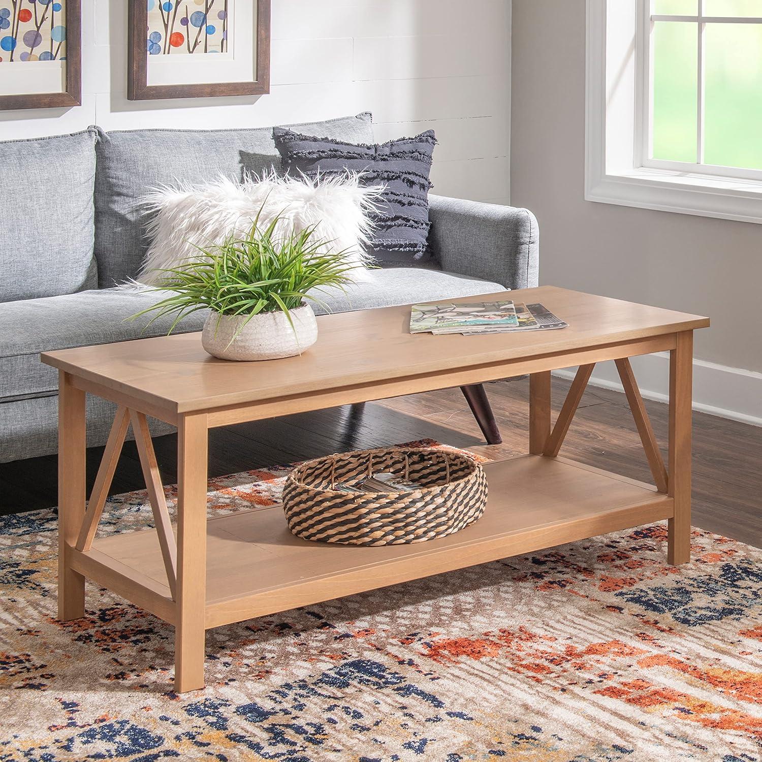 Rustic Driftwood Pine Wood Coffee Table with Storage Shelf