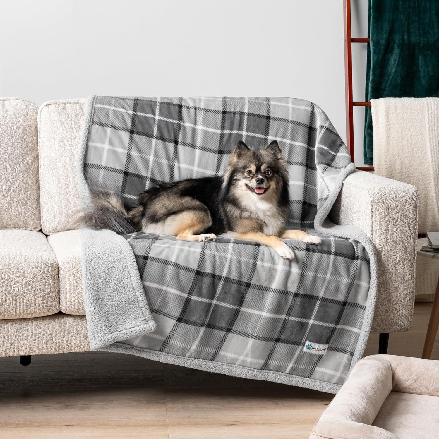 Large Plaid Light Grey Waterproof Reversible Pet Blanket