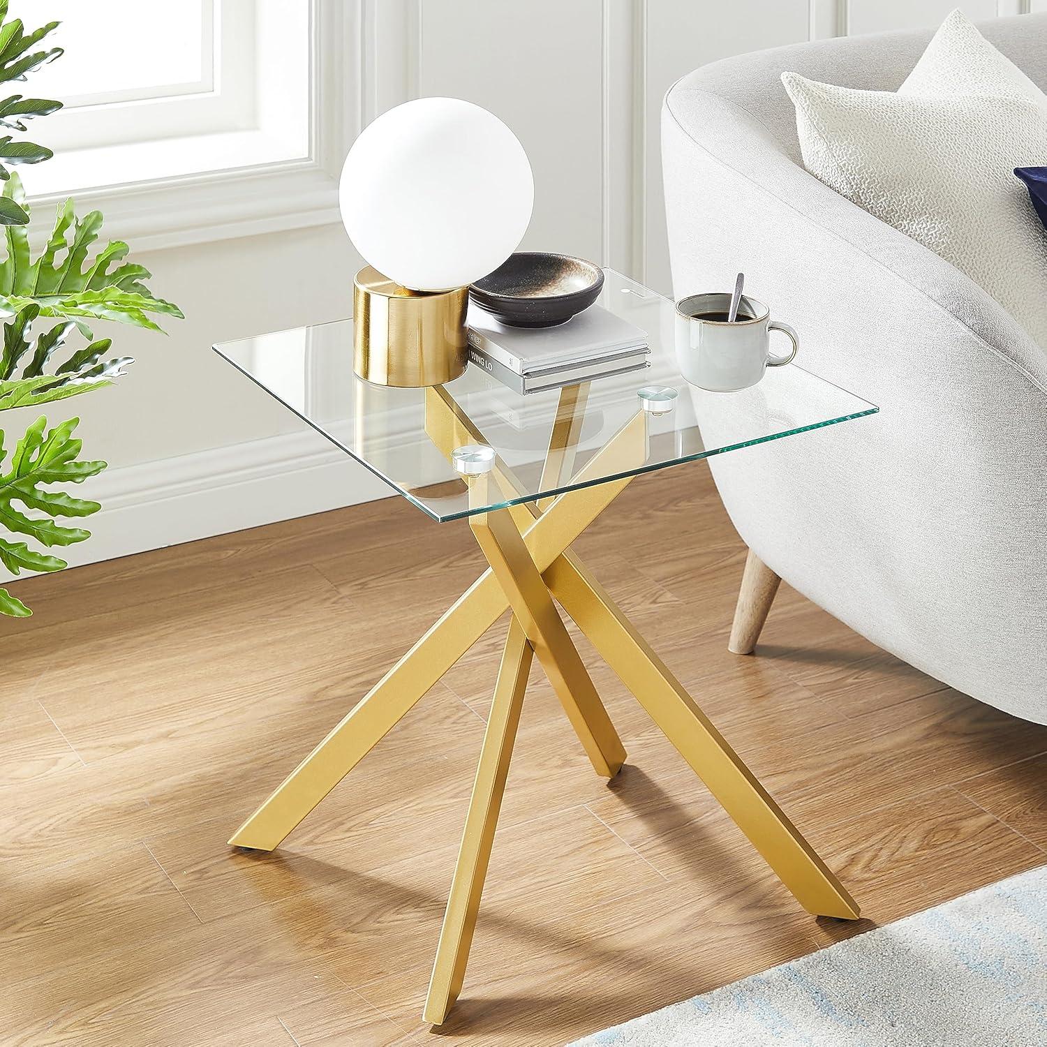 Modern Style Square Side Table with Tempered Glass Top and Metal Tubular Legs, Gold 20”Dx20”Wx22”H