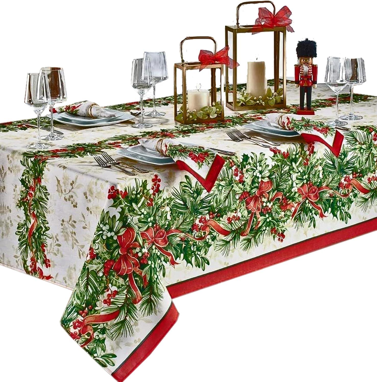 Christmas Holly Berry Ribbon Garland 52 x 70 Inch Rectangular Fabric Tablecloth