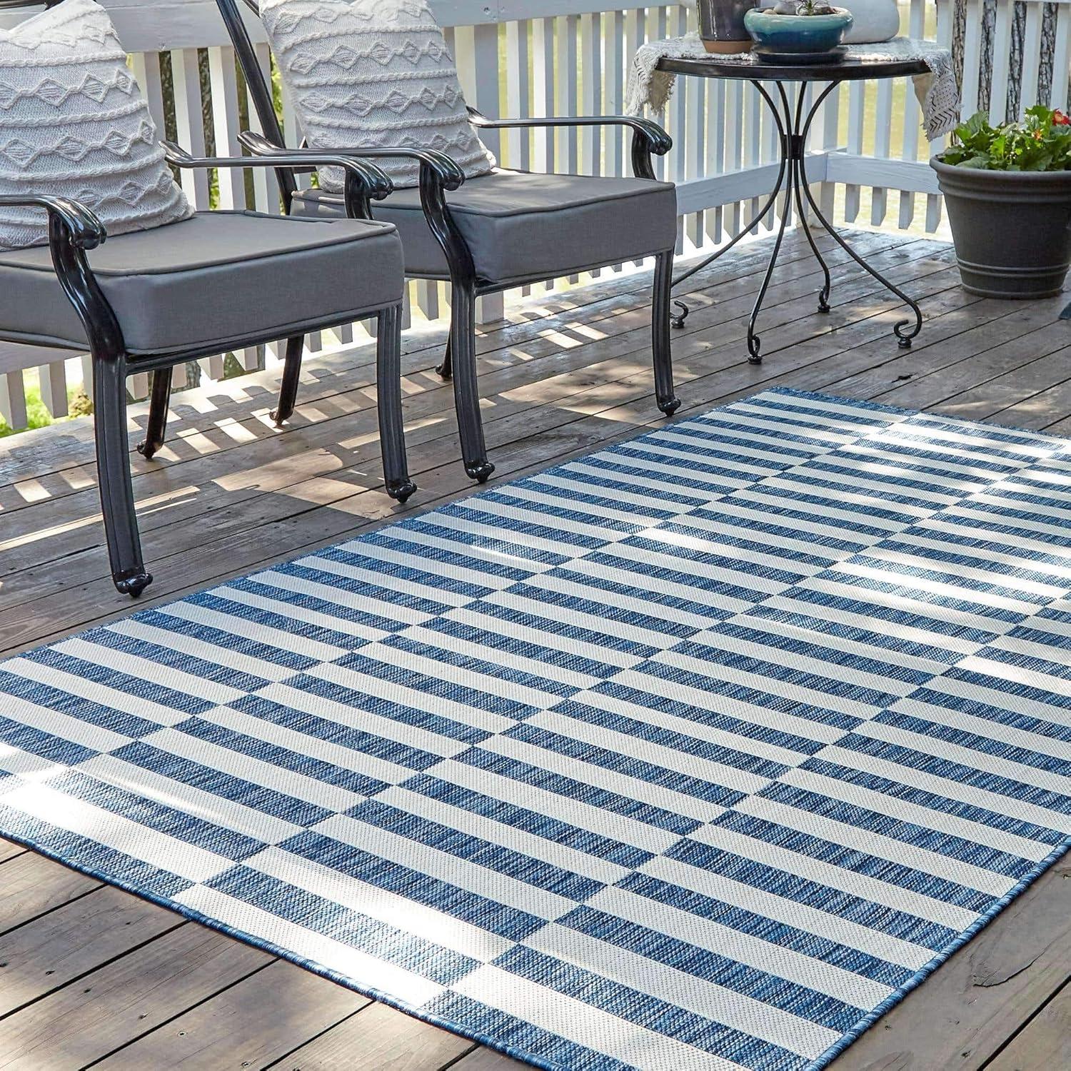 Unique Loom Outdoor Striped Collection Area Rug - Striped (4' 1" x 6' 1" Rectangle Blue/Ivory)