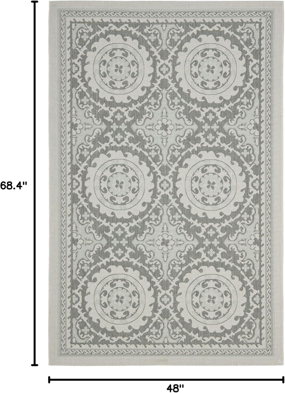 Light Grey and Anthracite Floral Motif Outdoor Area Rug