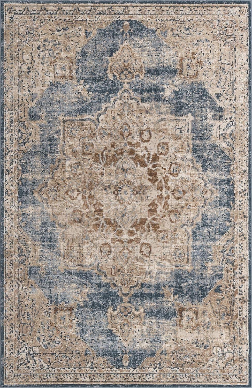 Beige & Light Blue Easy-Care Stain-Resistant Synthetic Area Rug, 6' x 9'