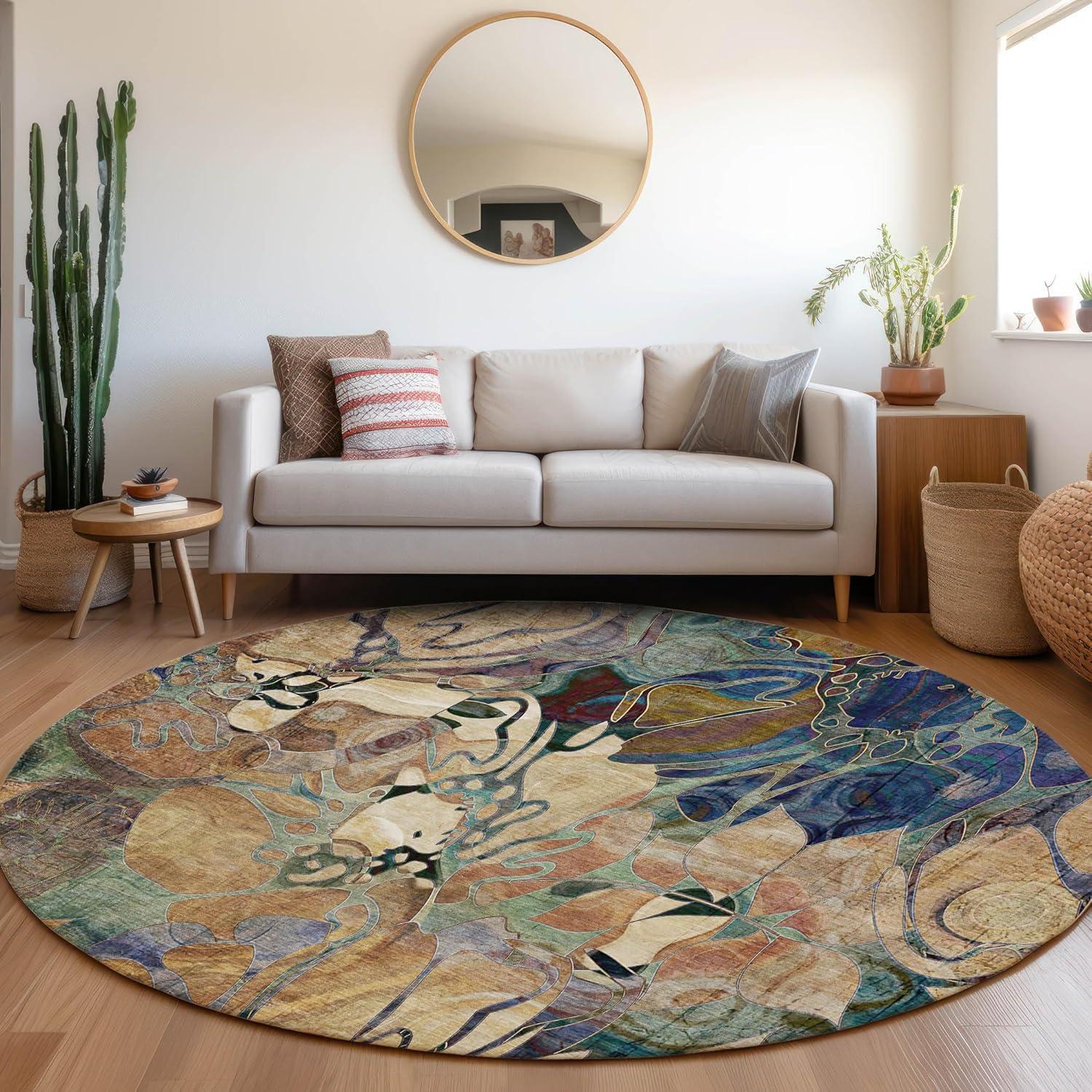 Beige and Multicolor Synthetic Floral Round Area Rug