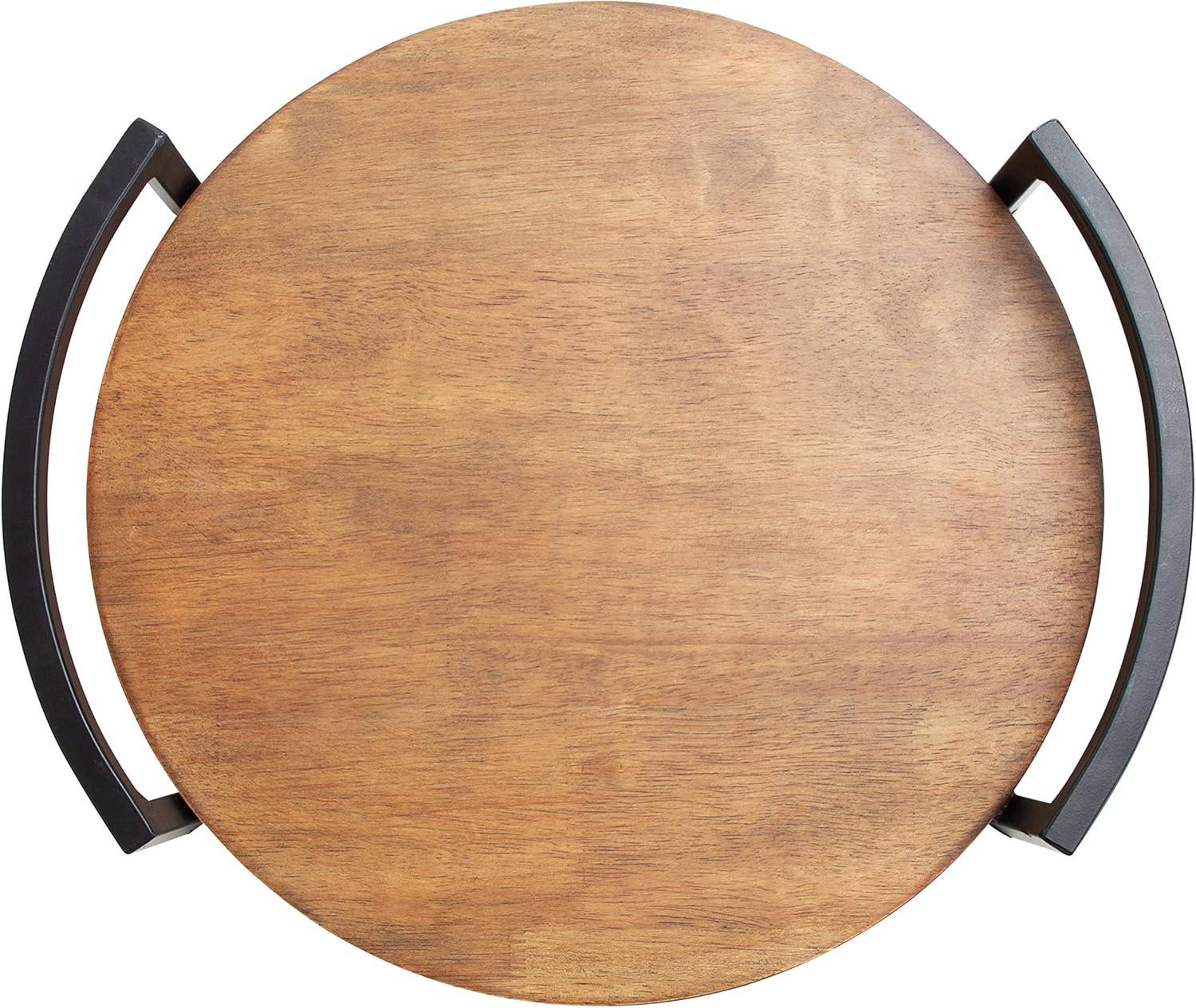 Rustic Brown Rubberwood Round Tray with Metal Handles