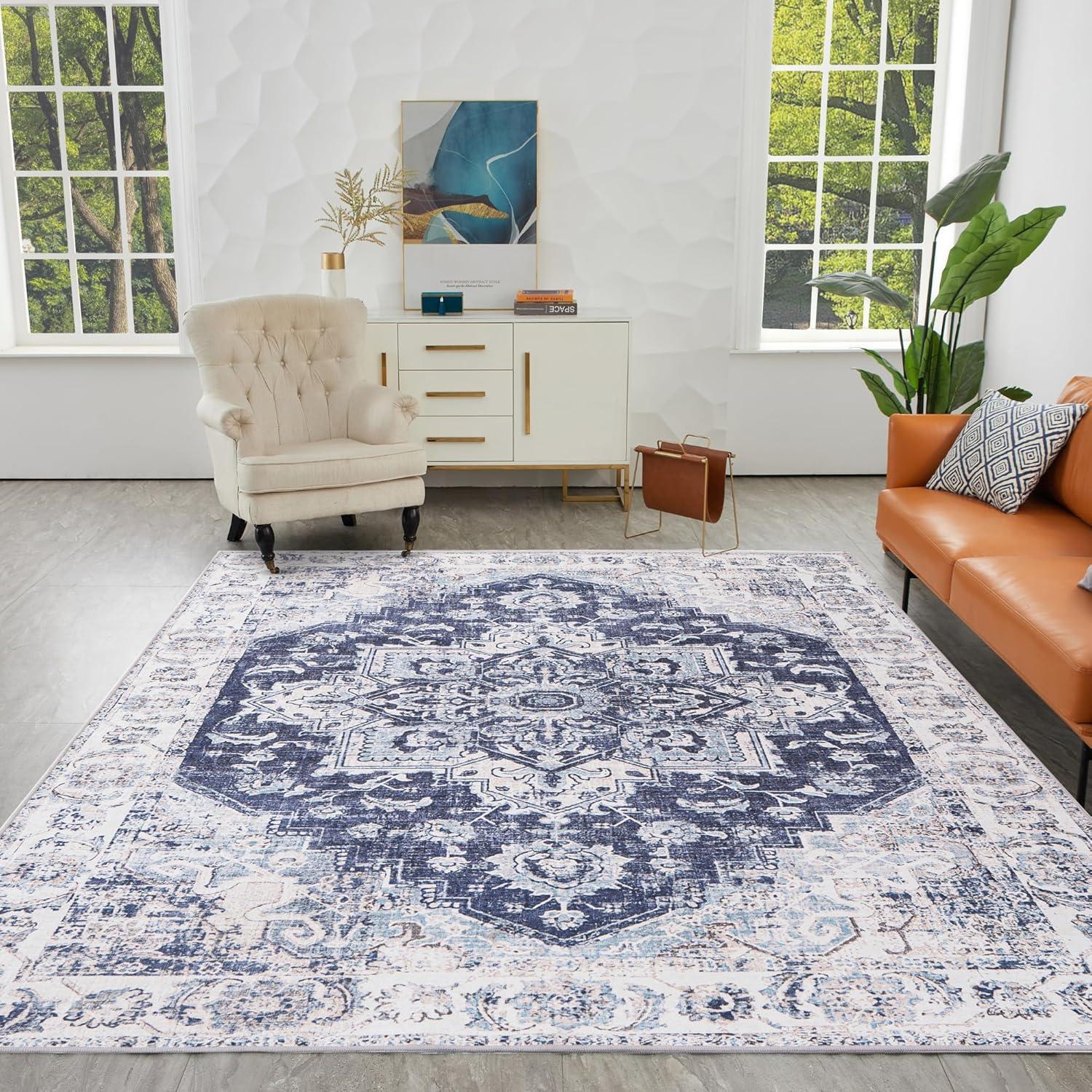 Washable Area Rug 5x7, Blue Rug for Living Room, Non Slip Low Pile Carpet for Bedroom, Dinning Room (Vintage Blue, 5'x7')