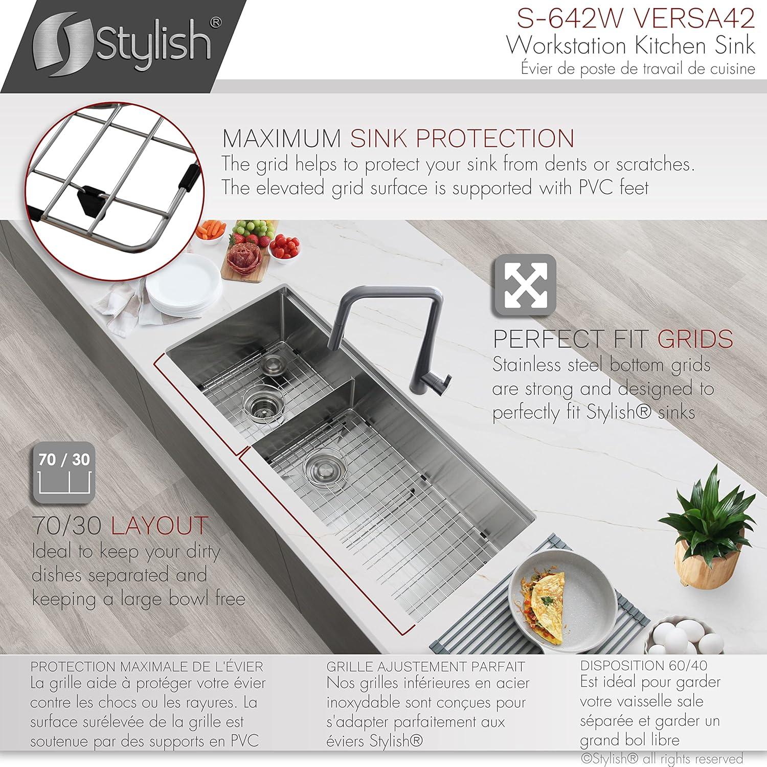 Versa STYLISH 42 inch Stainless Steel Workstation 70/30 Double Bowl Undermount Kitchen Sink with Accessories included