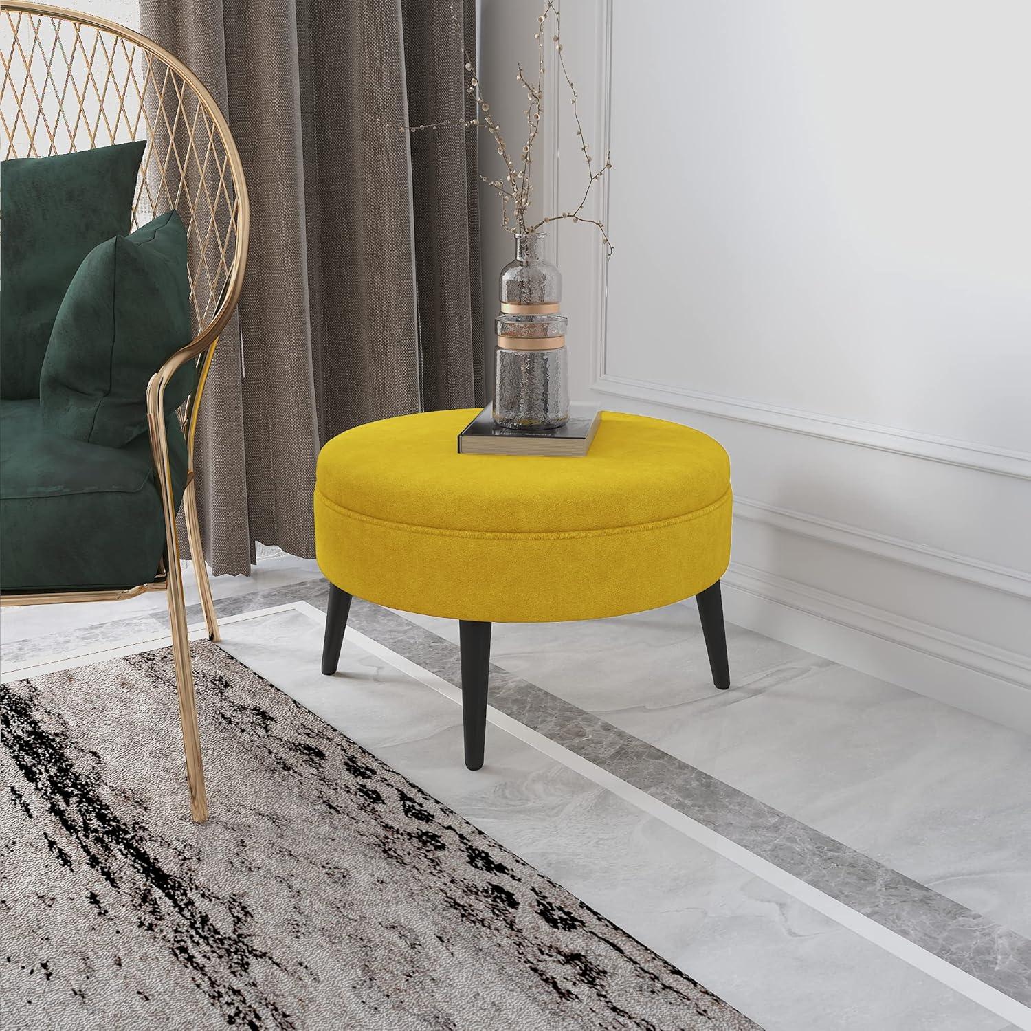 Joveco Small Round Ottoman, Velvet Upholstered Footrest Stool Seat with Wooden Legs, Vanity Stool Coffee Table for Bedroom Living Room (Yellow)