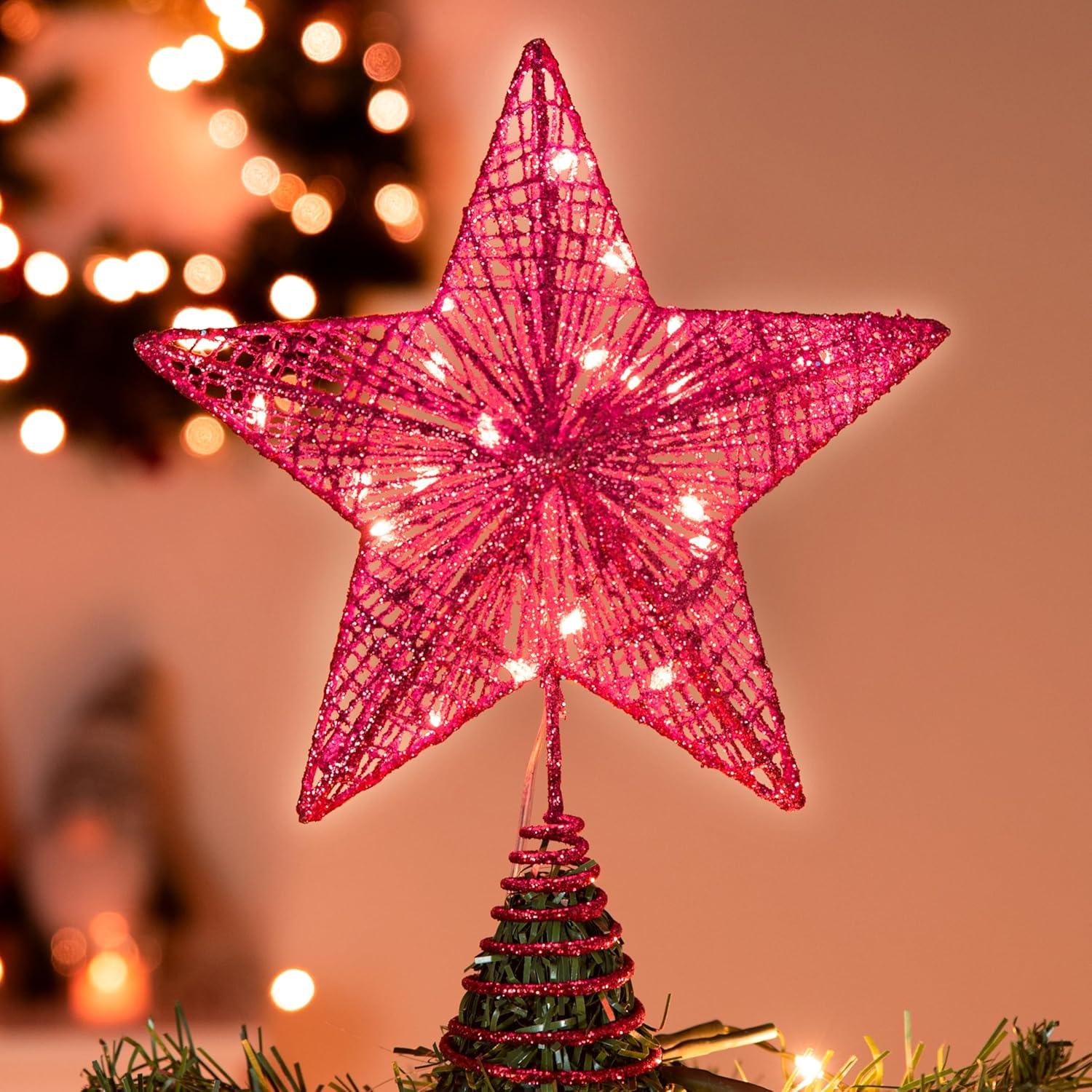 Red Glitter Metal Star Christmas Tree Topper with LED Lights