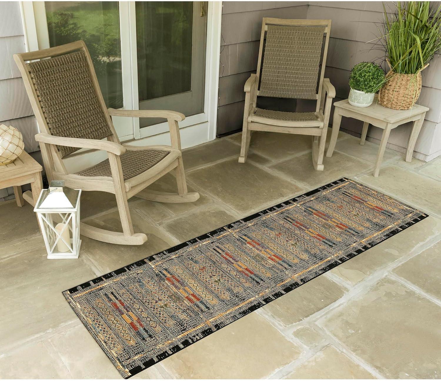 Tribal Stripe Washable Outdoor Rug in Bold Black