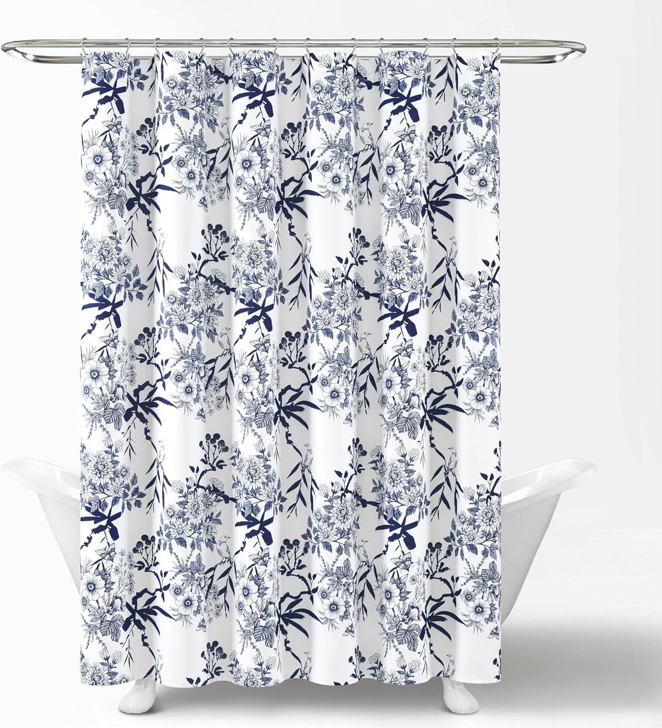 Lush Décor Botanical Garden Shower Curtain Navy : Microfiber, Machine Washable, Non-Slip Backing