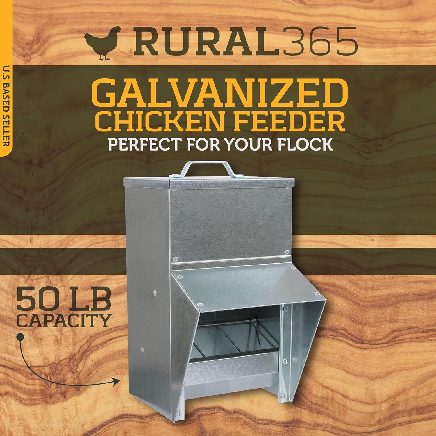 Rural365 11.5lb Capacity Galvanized Chicken Feeder Weatherproof Coop Dispenser