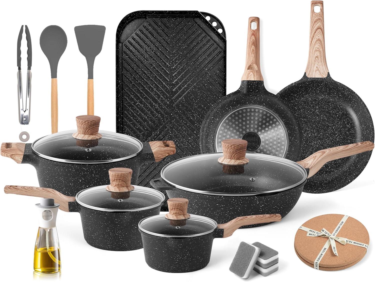 20-Piece Classic Black Granite Nonstick Aluminum Cookware Set