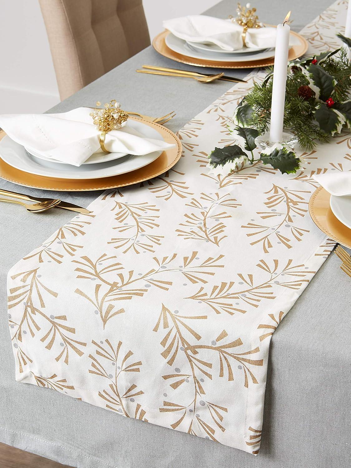 DII 14x108" Modern Cotton Metallic Holly Leaves Table Runner in Gold