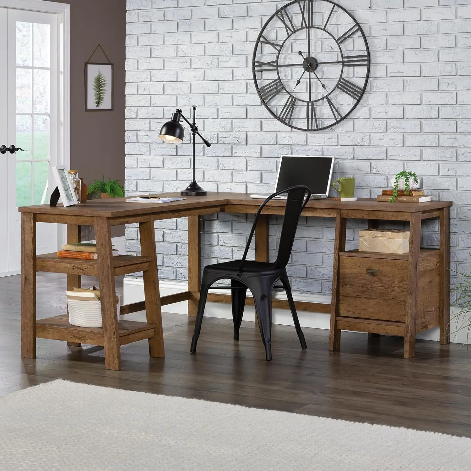 Vintage Oak L-Shaped Computer Desk with Drawer and Filing Cabinet