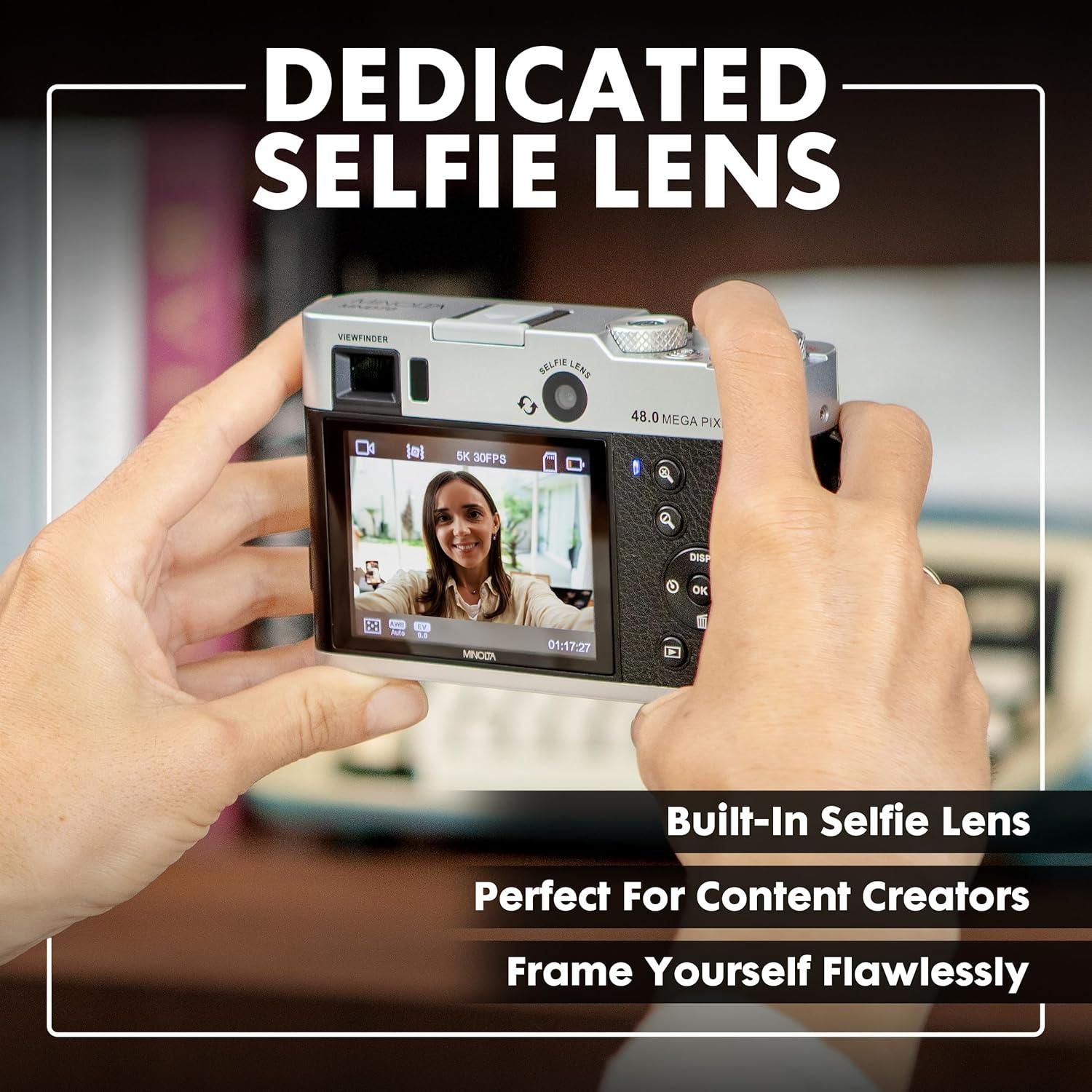 Minolta MND70 Retro 48 MP Autofocus Digital Camera with 5K Ultra HD Video, Rear Selfie Lens & WiFi, Silver