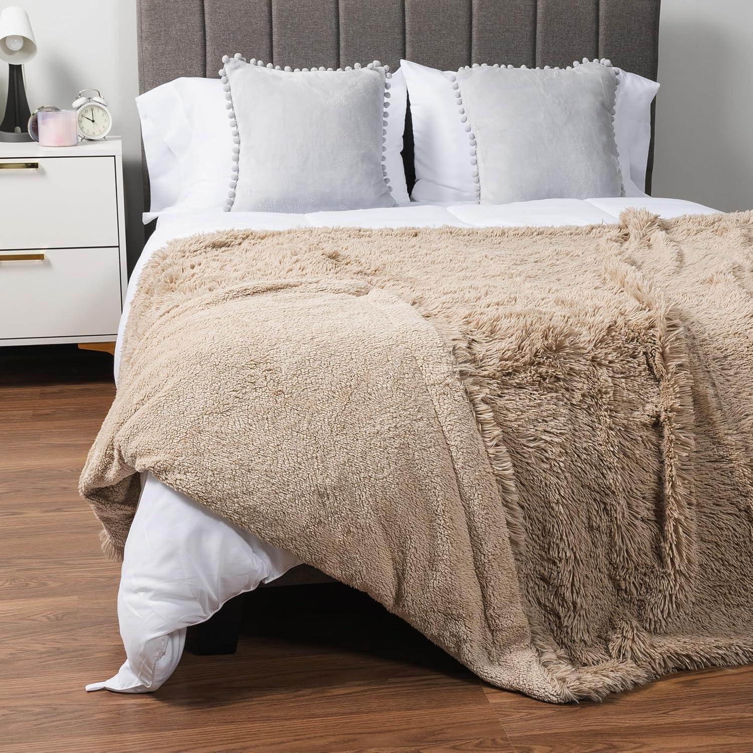 PAVILIA Soft Fluffy Faux Fur Throw Blanket, Taupe Tan Camel, Shaggy Furry Warm Sherpa Blanket Fleece Throw for Bed, Sofa, Couch, Decorative Fuzzy Plush Comfy Thick Throw Blanket, 50x60 Inches